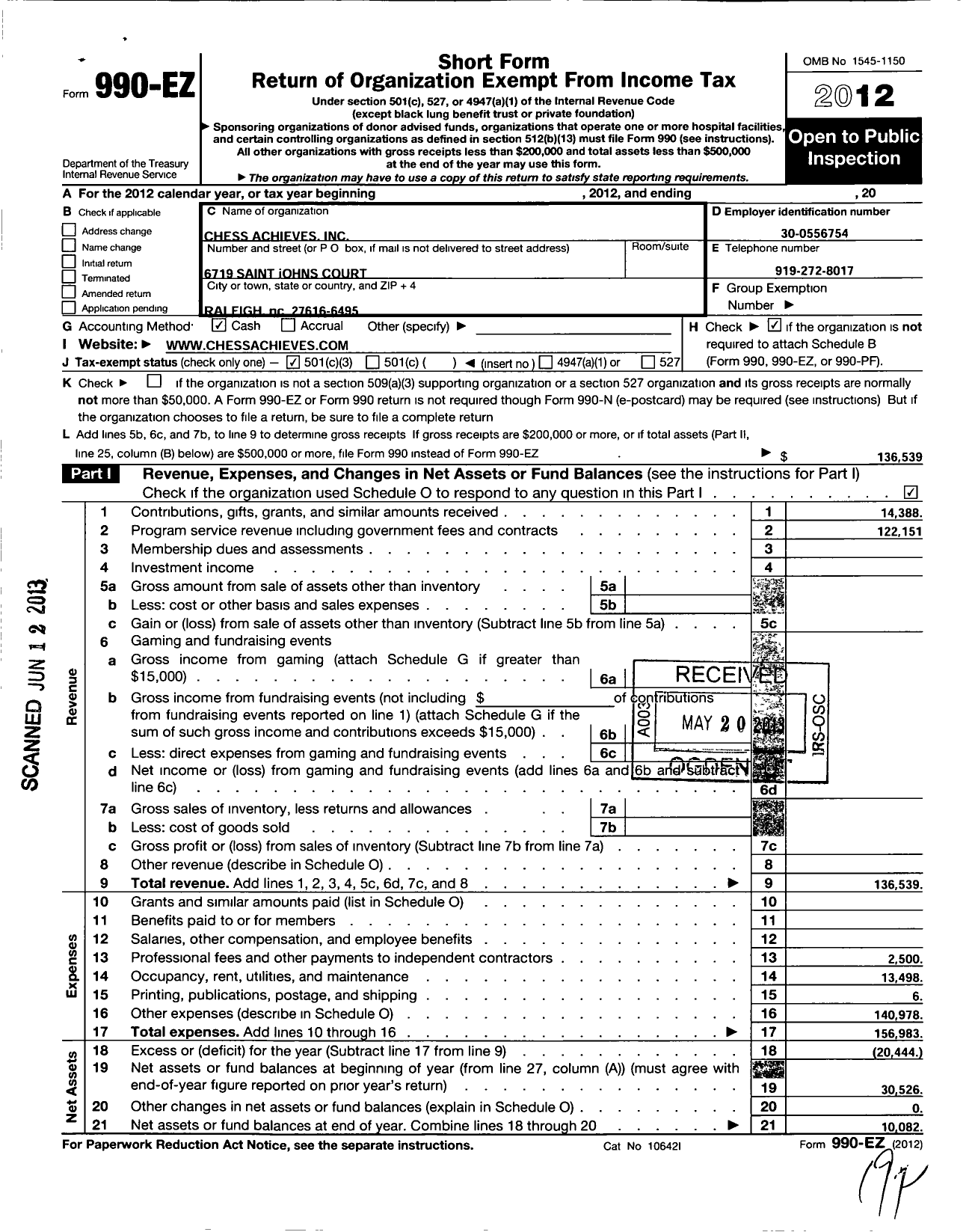 Image of first page of 2012 Form 990EZ for Chess Achieves