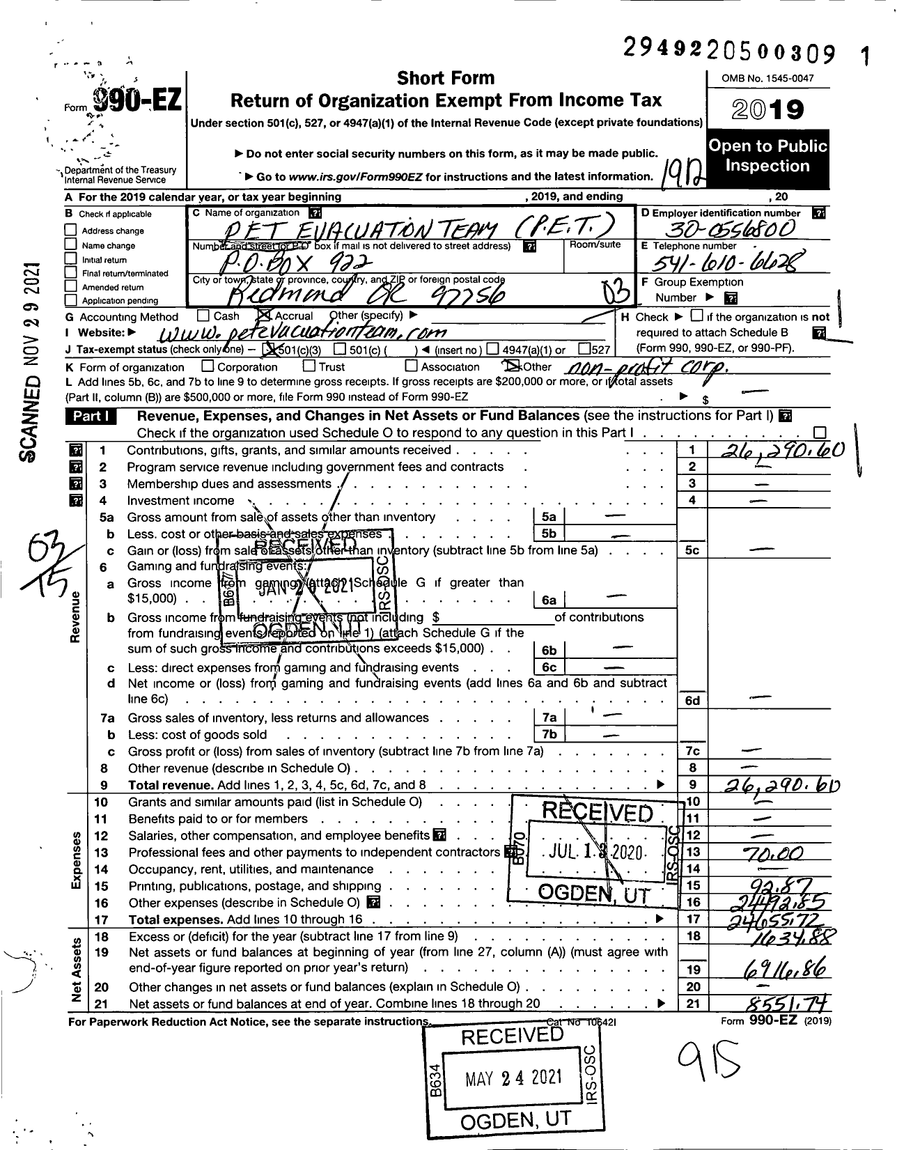 Image of first page of 2019 Form 990EZ for Pet Evacuation Team