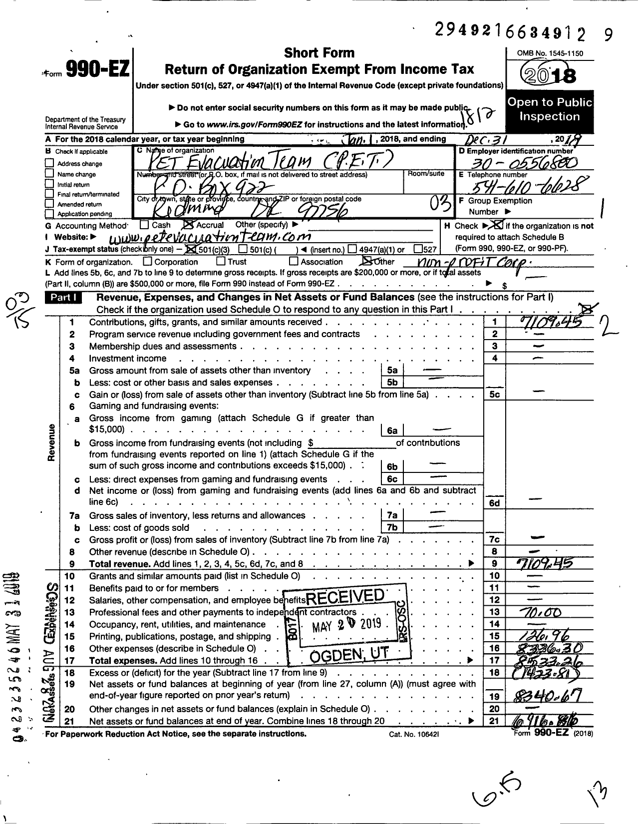 Image of first page of 2018 Form 990EZ for Pet Evacuation Team