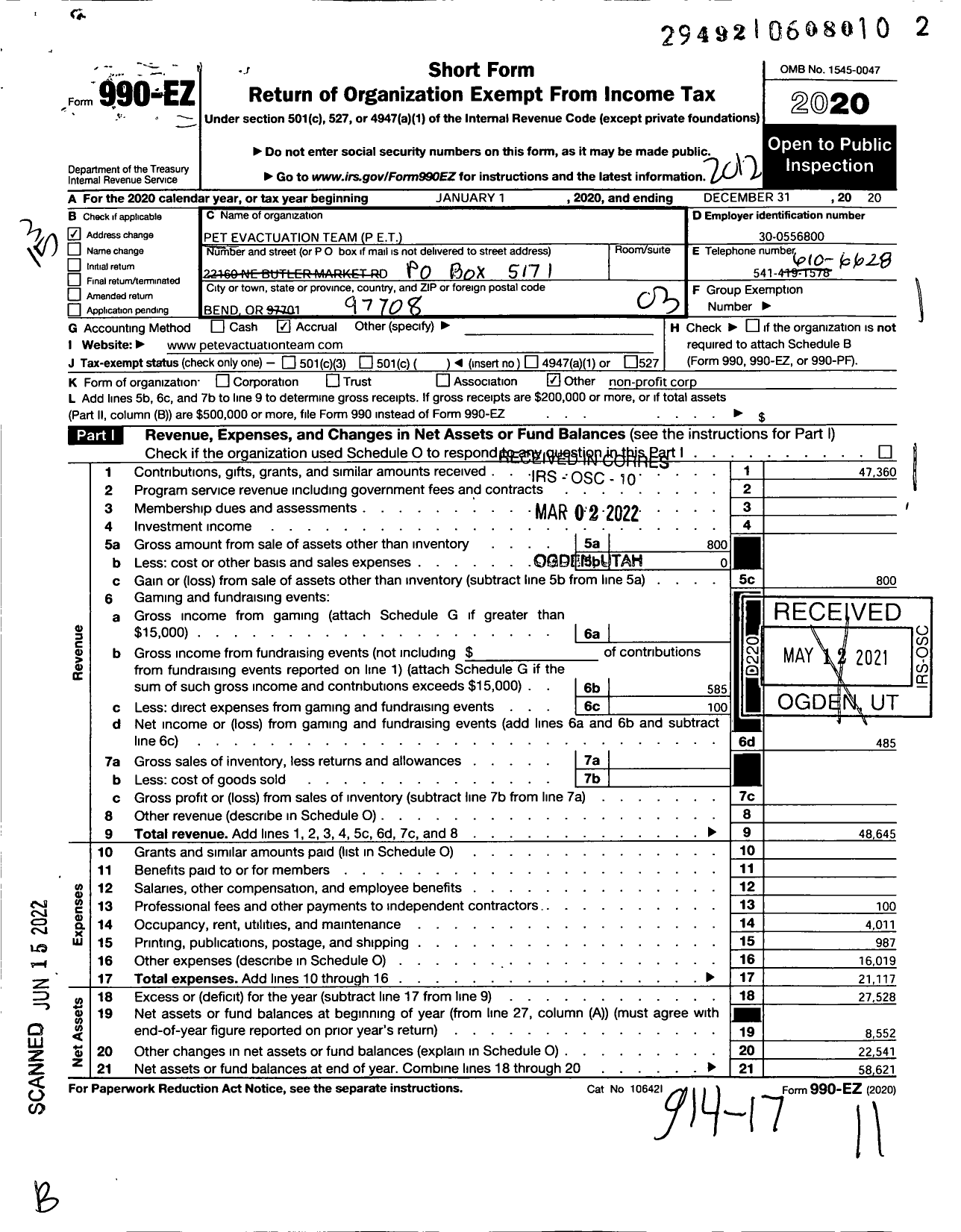 Image of first page of 2020 Form 990EZ for Pet Evacuation Team