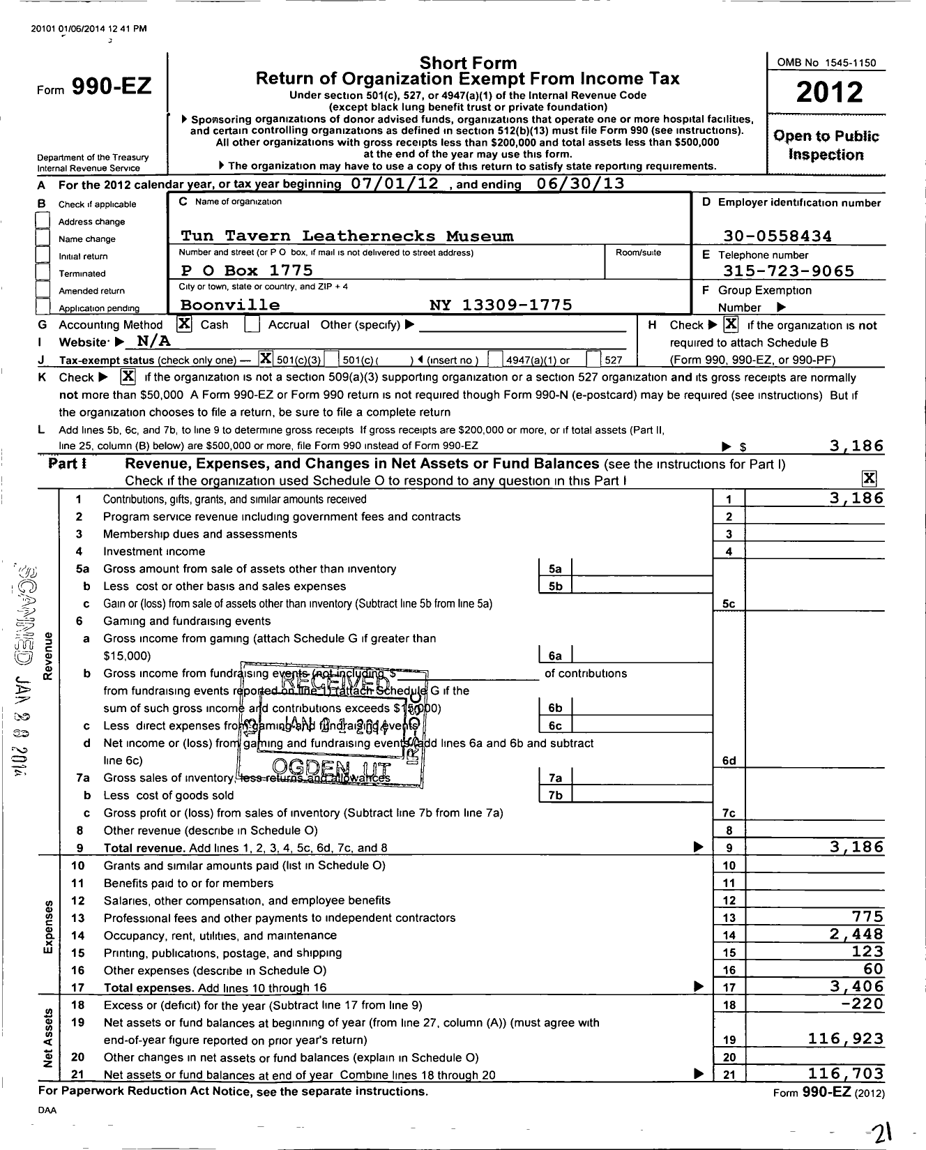 Image of first page of 2012 Form 990EZ for Tun Tavern Leathernecks Museum