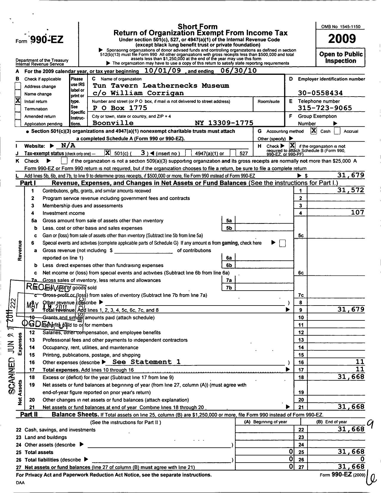 Image of first page of 2009 Form 990EZ for Tun Tavern Leathernecks Museum