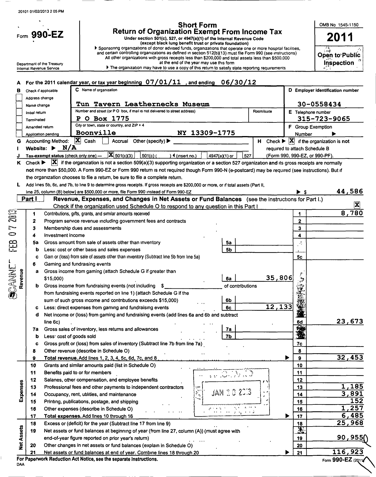 Image of first page of 2011 Form 990EZ for Tun Tavern Leathernecks Museum