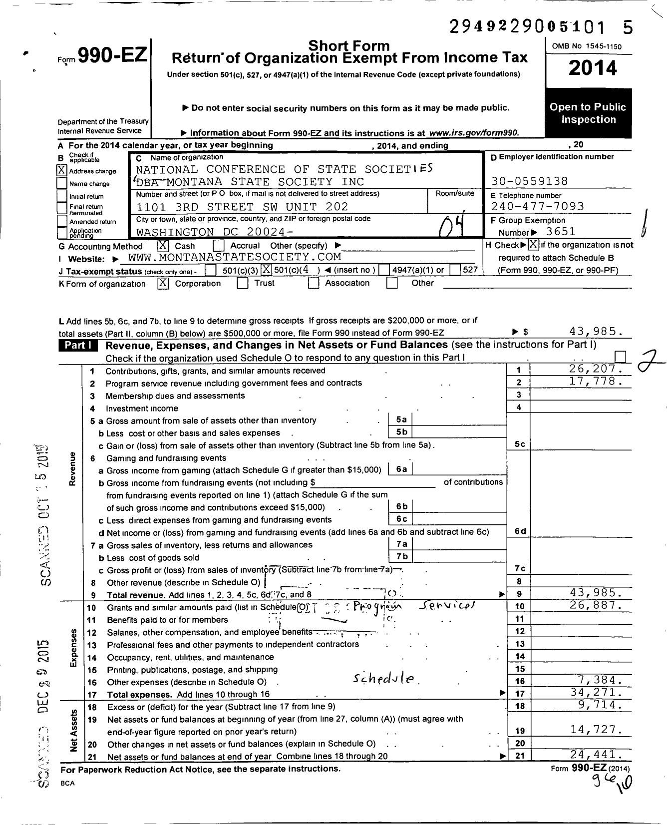 Image of first page of 2014 Form 990EO for National Confrence of State Societies Washington District of C / Montana State Society