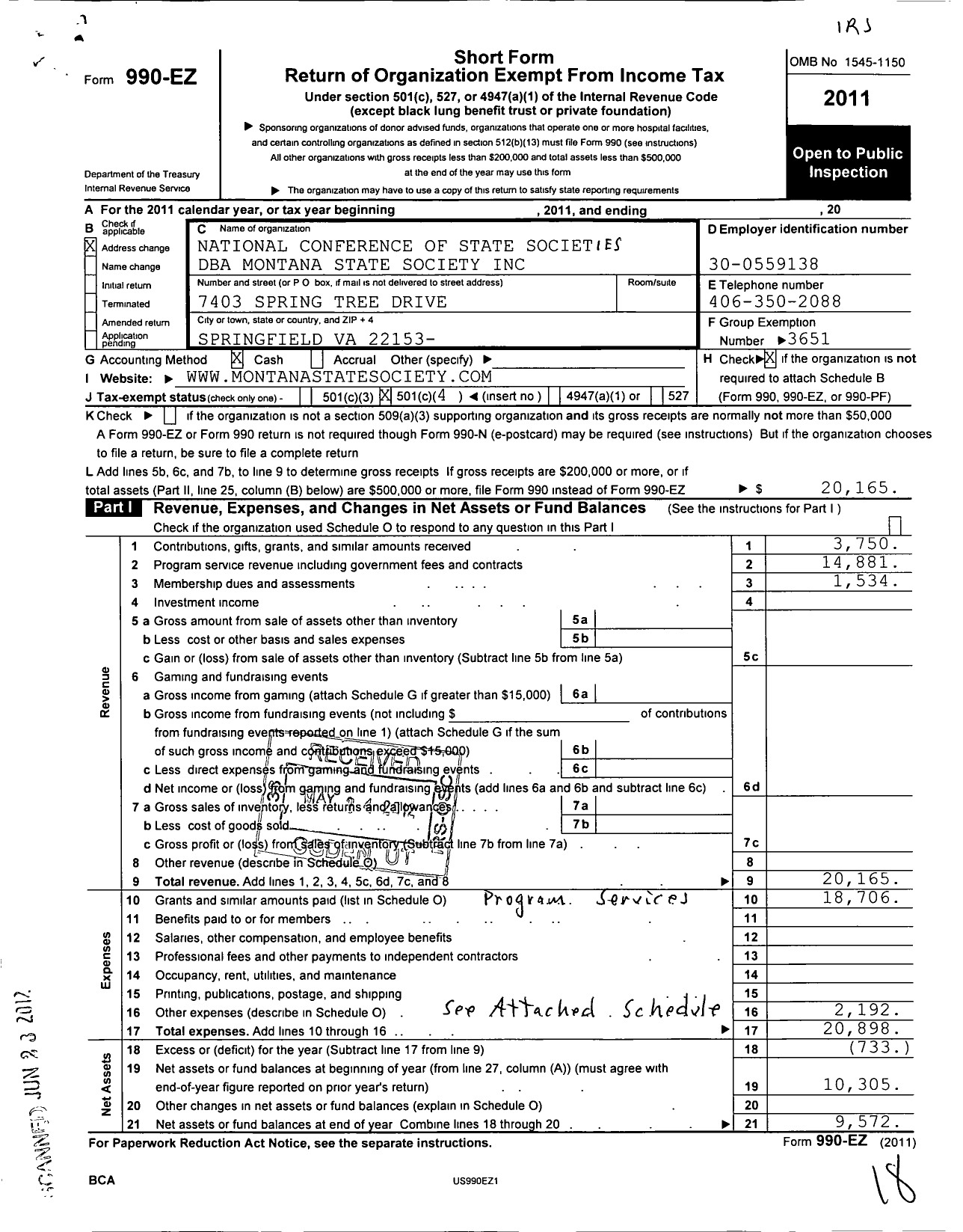 Image of first page of 2011 Form 990EO for National Confrence of State Societies Washington District of C / Montana State Society