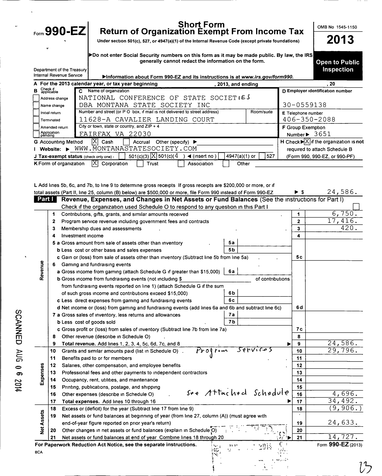 Image of first page of 2013 Form 990EO for National Confrence of State Societies Washington District of C / Montana State Society