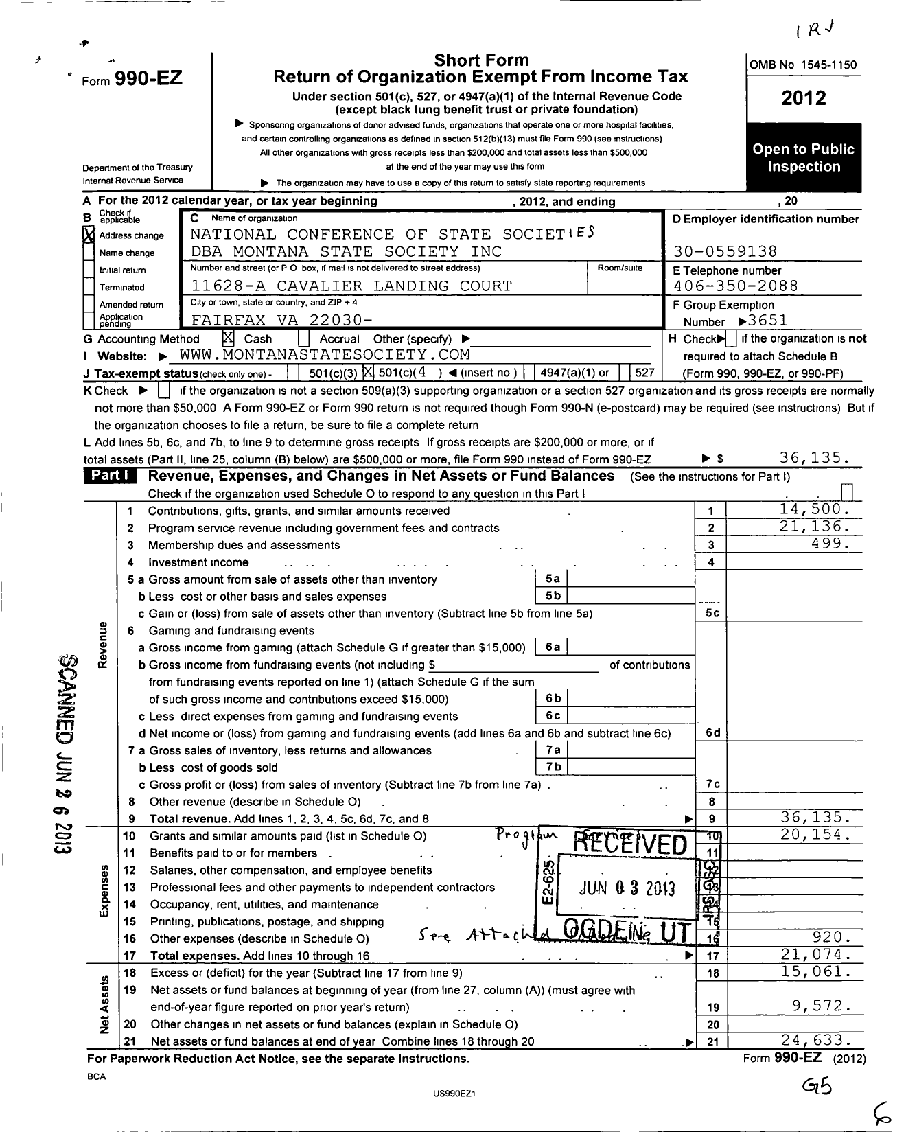 Image of first page of 2012 Form 990EO for National Confrence of State Societies Washington District of C / Montana State Society