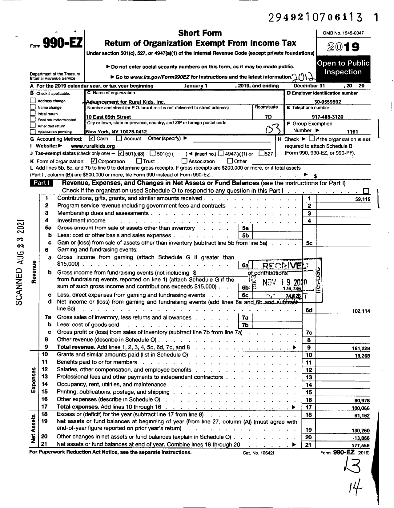 Image of first page of 2020 Form 990EZ for Advancement for Rural Kids