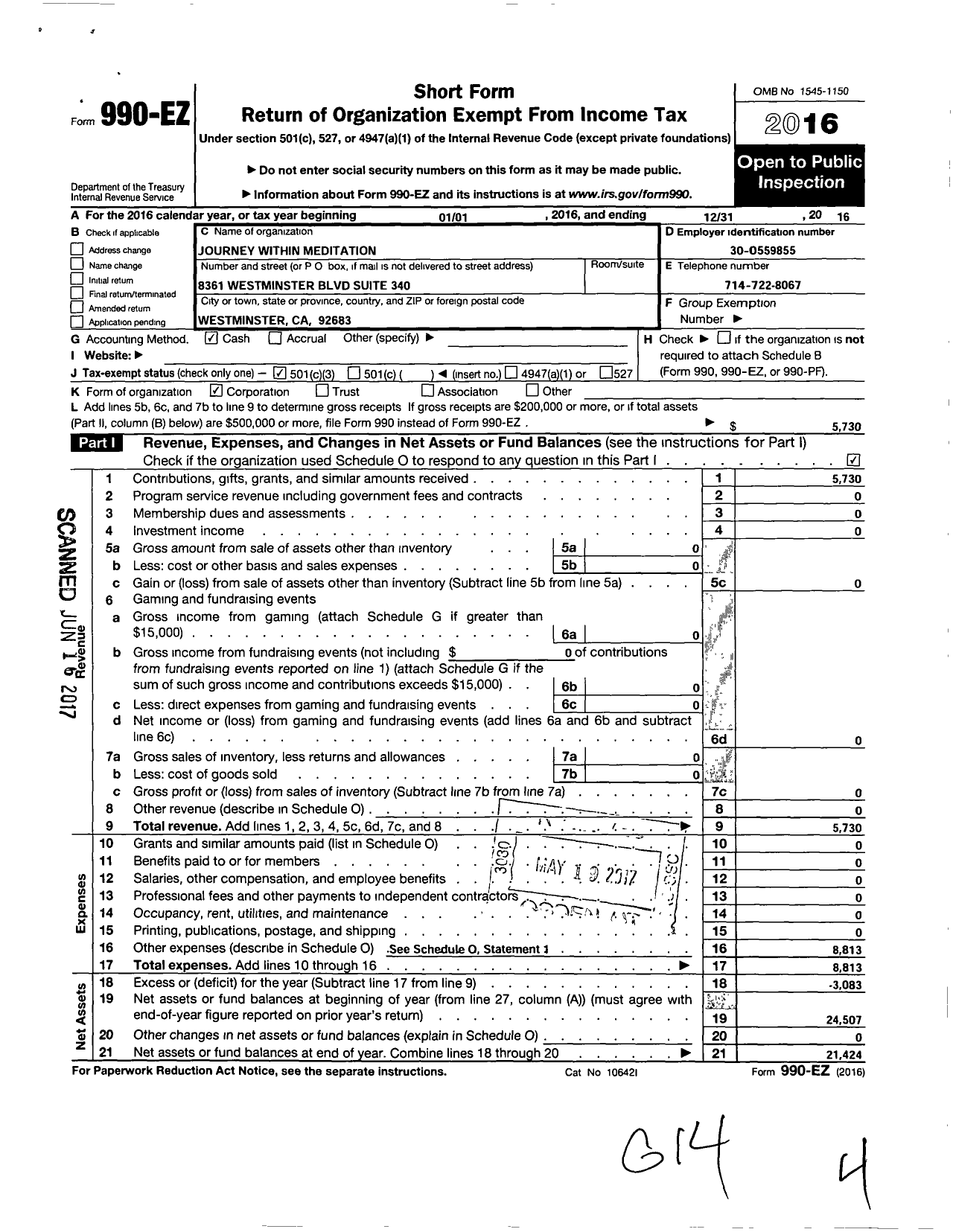 Image of first page of 2016 Form 990EZ for Journey Within Meditation