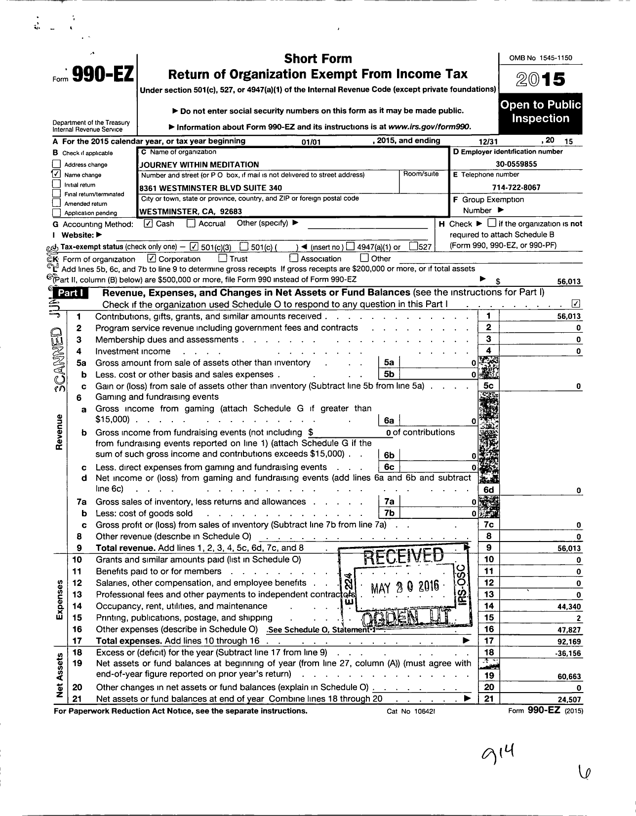 Image of first page of 2015 Form 990EZ for Journey Within Meditation