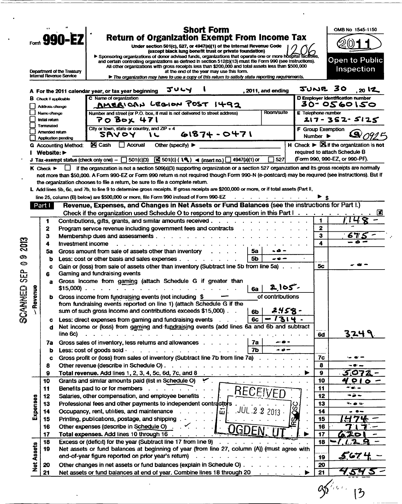 Image of first page of 2011 Form 990EO for American Legion - 1492 Savoy