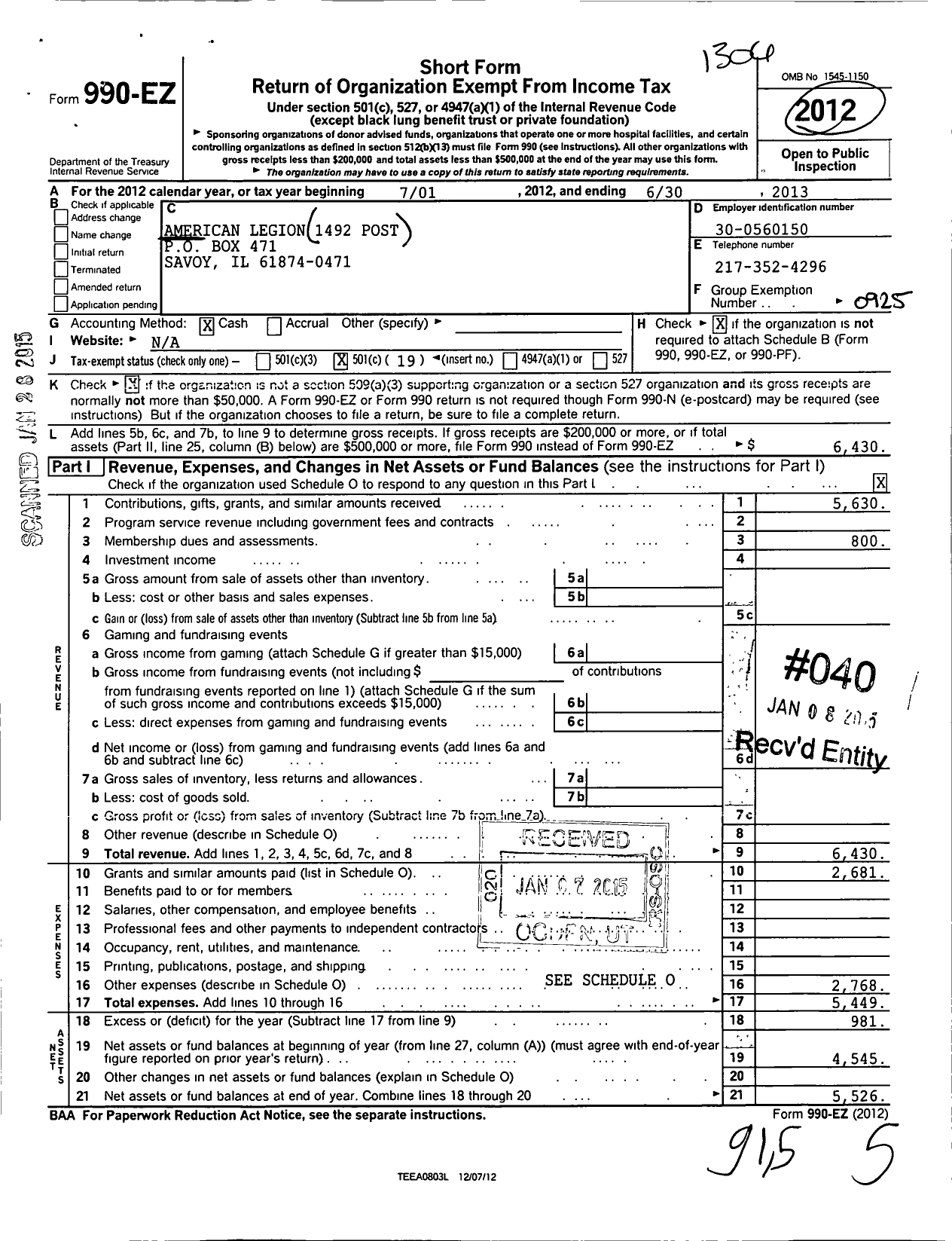 Image of first page of 2012 Form 990EO for American Legion - 1492 Savoy