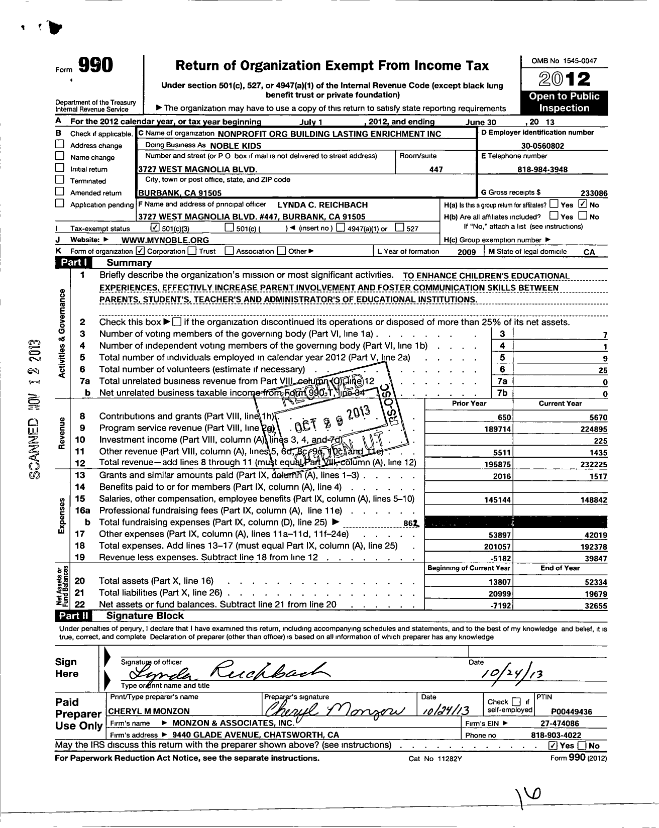 Image of first page of 2012 Form 990 for Noble Kids