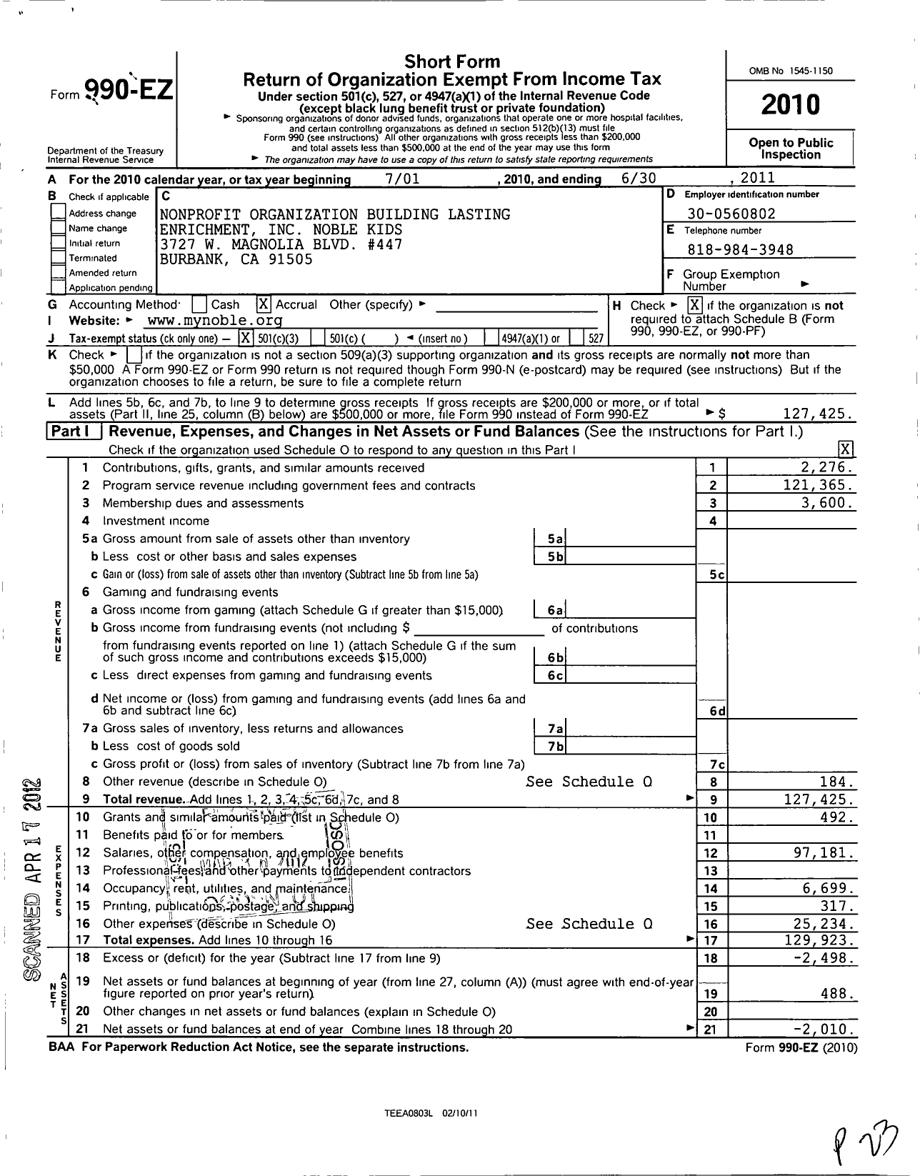 Image of first page of 2010 Form 990EZ for Noble Kids