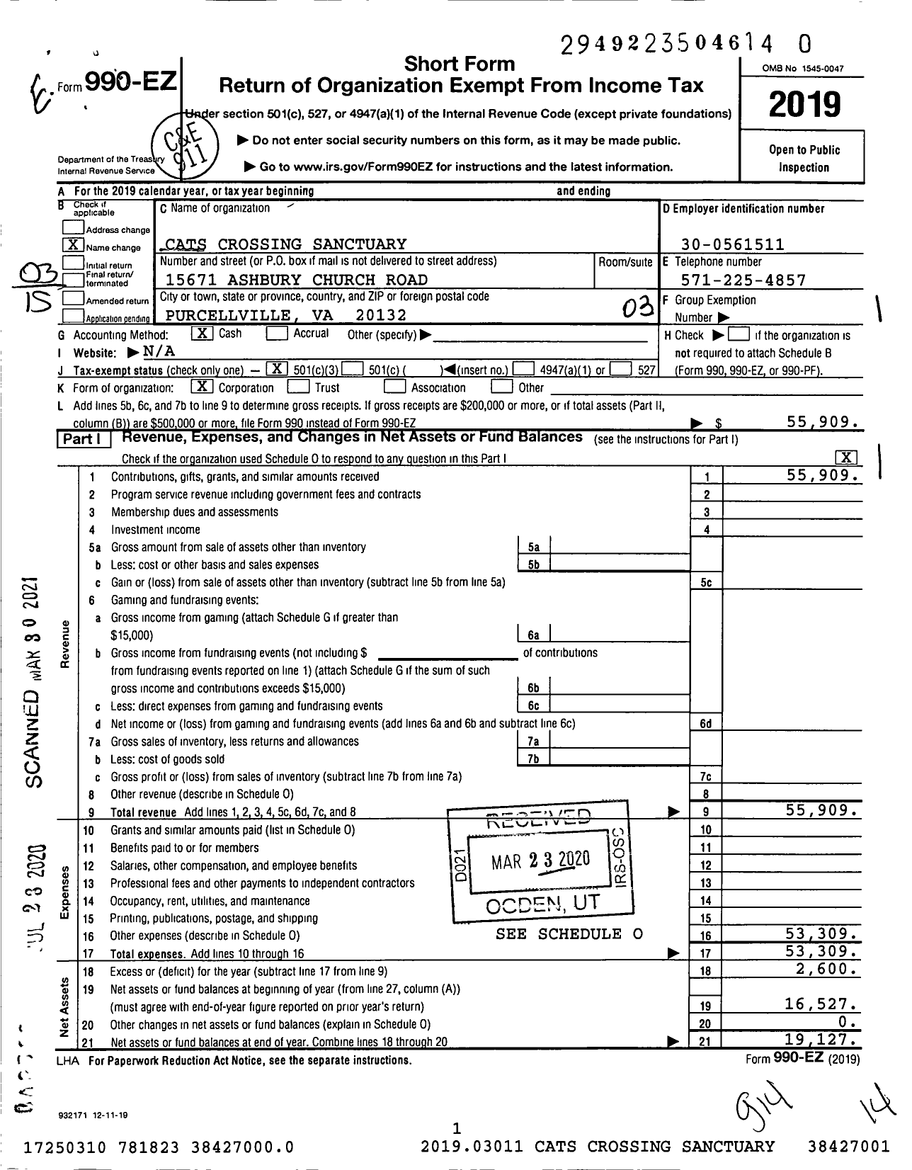 Image of first page of 2019 Form 990EZ for Cats Crossing Sanctuary