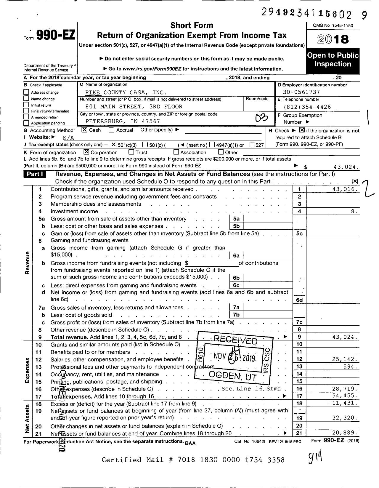 Image of first page of 2018 Form 990EZ for Pike County Casa