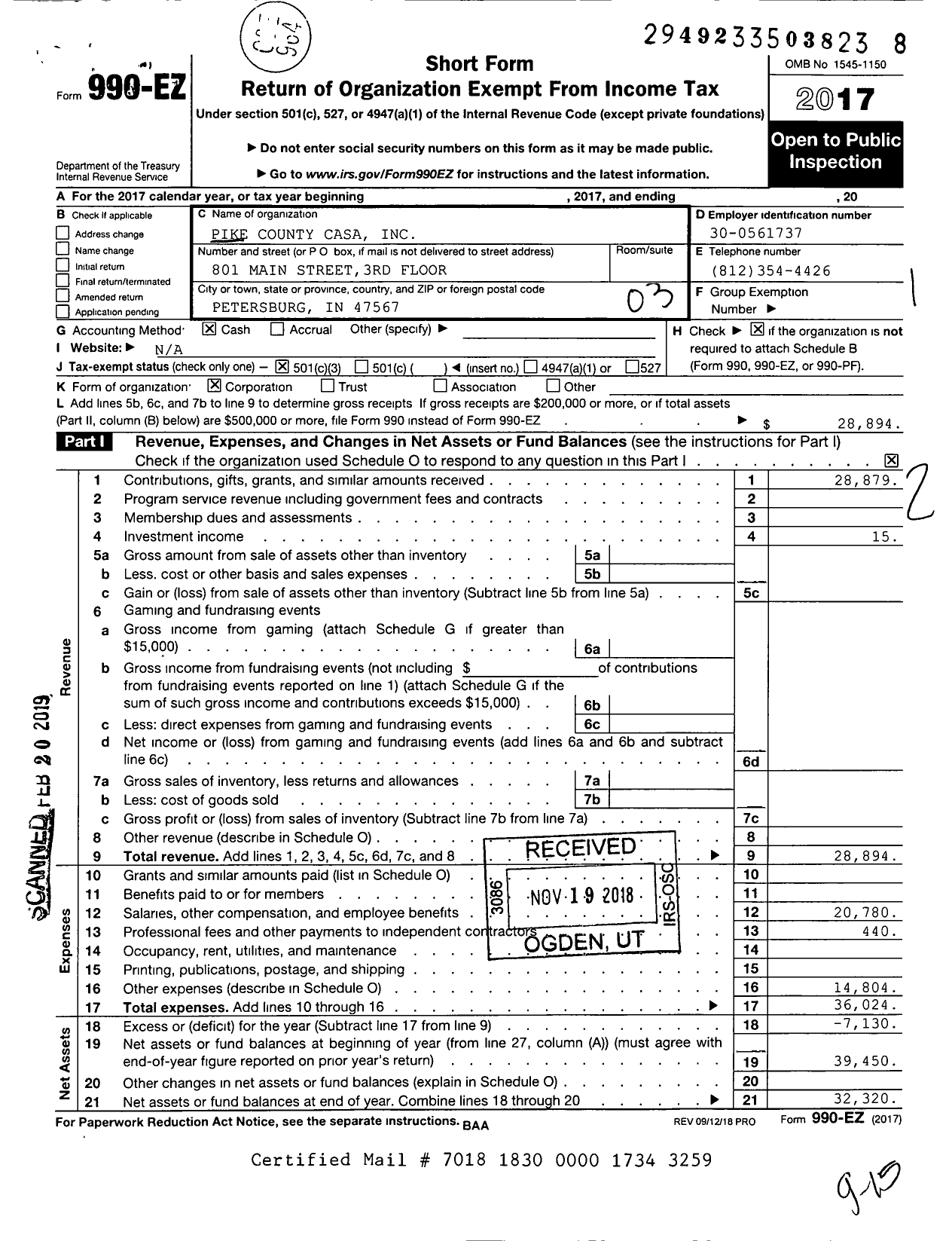 Image of first page of 2017 Form 990EZ for Pike County Casa