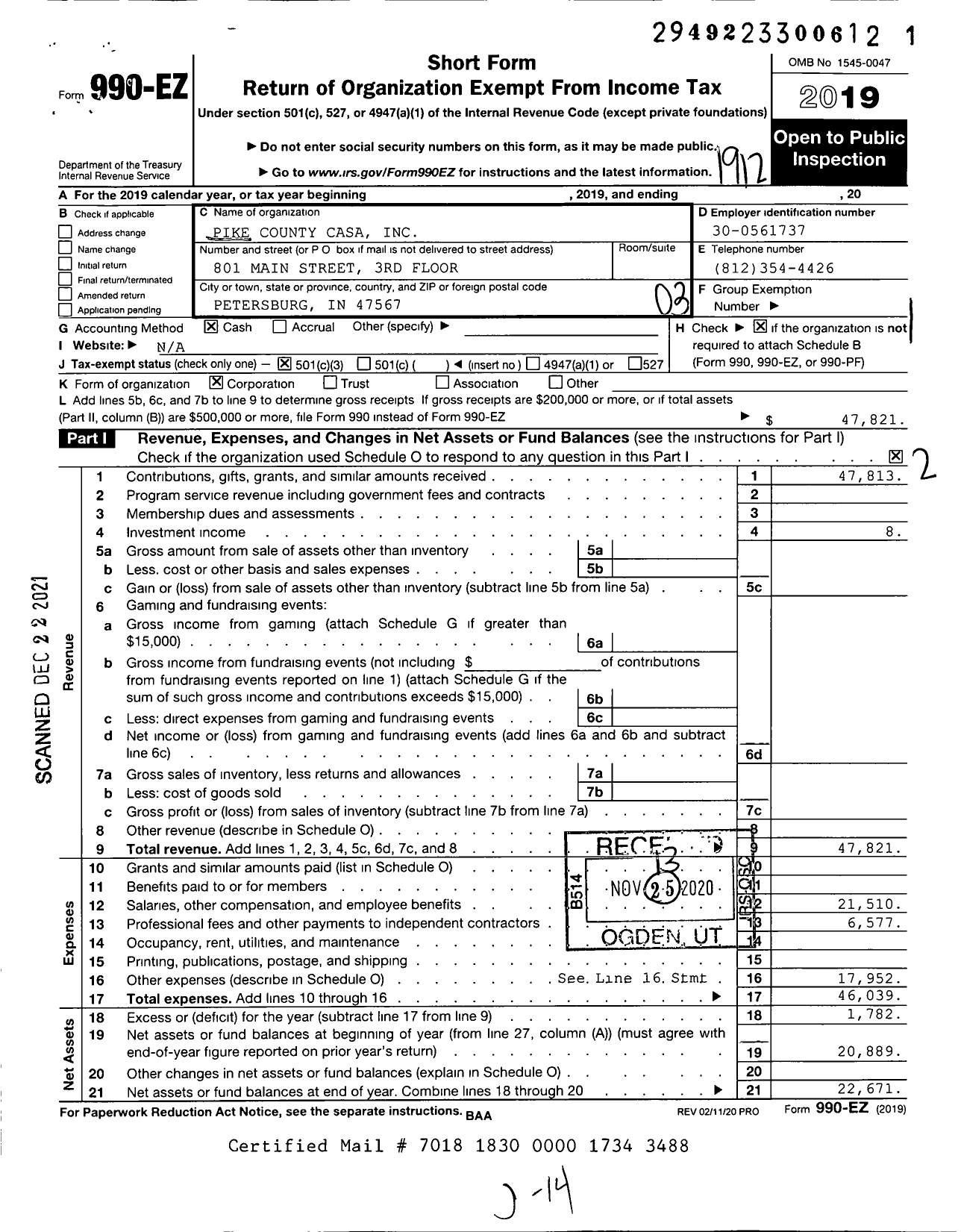 Image of first page of 2019 Form 990EZ for Pike County Casa