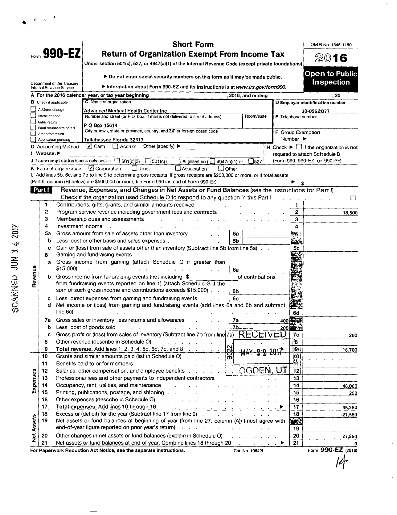 Image of first page of 2016 Form 990EZ for Advanced Medical Health Center