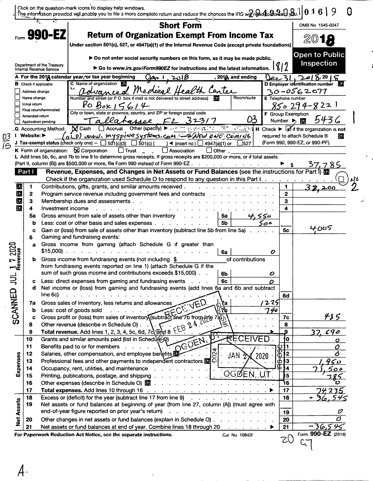 Image of first page of 2018 Form 990EZ for Advanced Medical Health Center