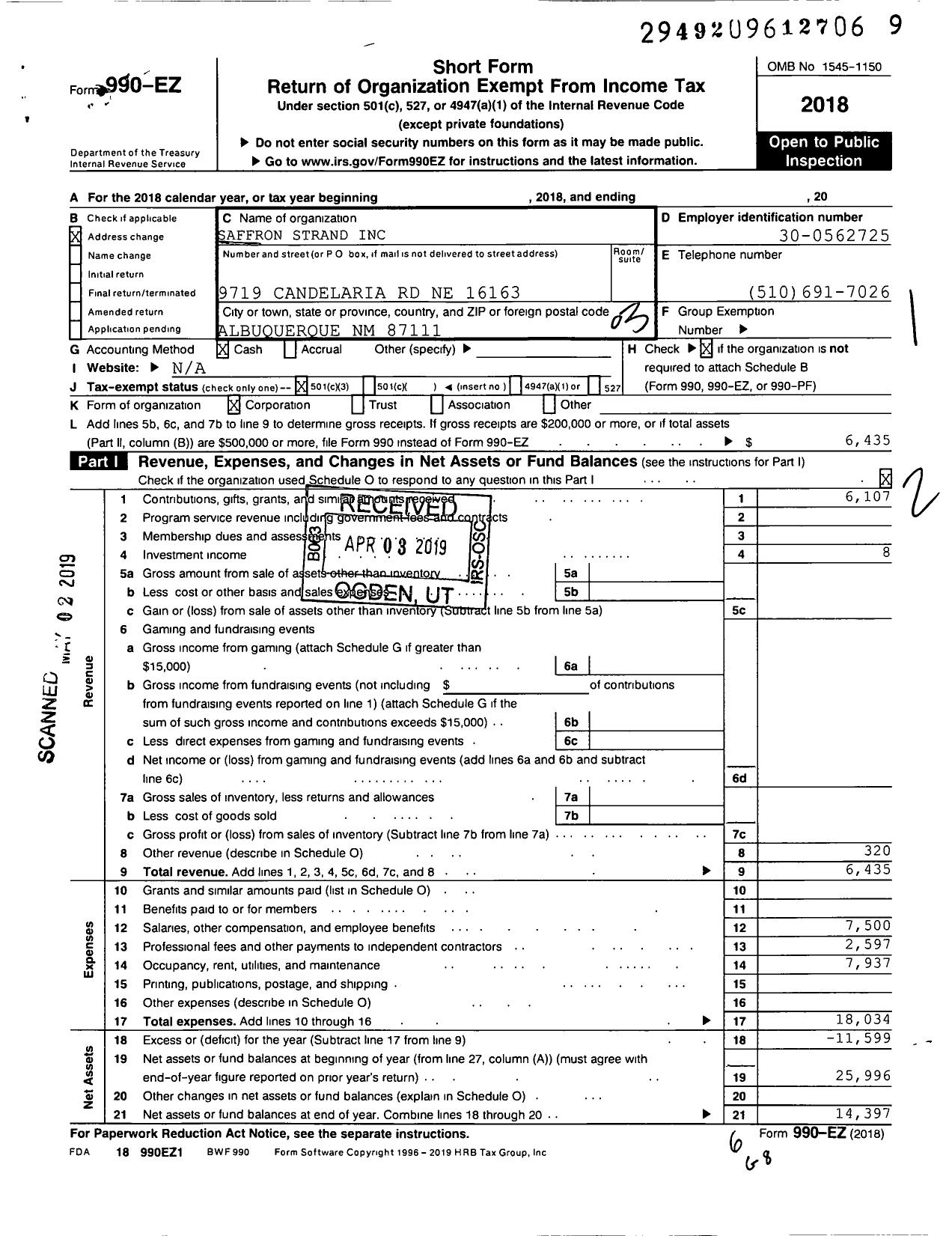 Image of first page of 2018 Form 990EZ for Saffron Strand