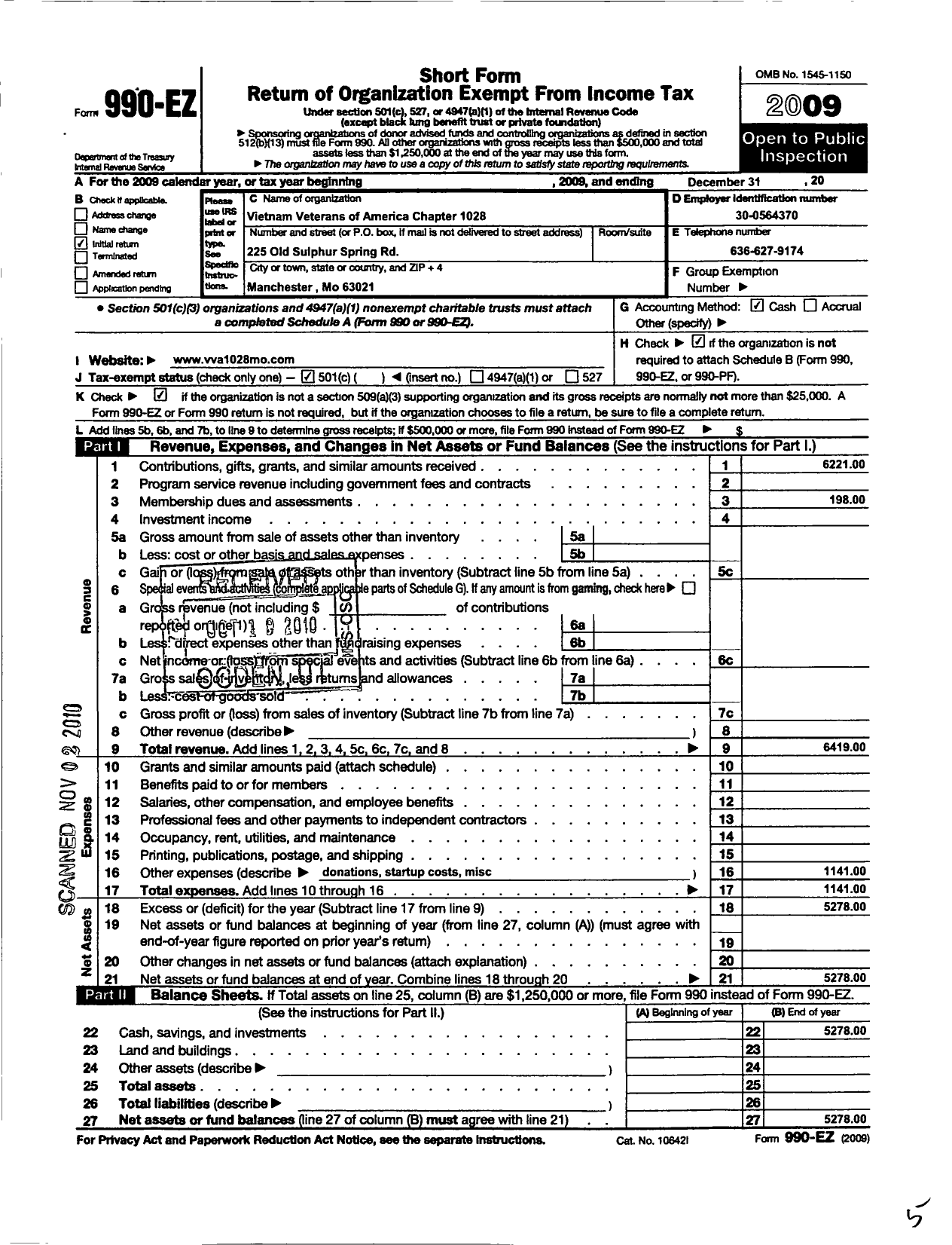 Image of first page of 2009 Form 990EO for Vietnam Veterans of America - 1028