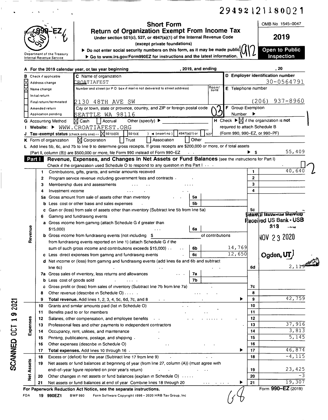 Image of first page of 2019 Form 990EZ for CroatiaFest