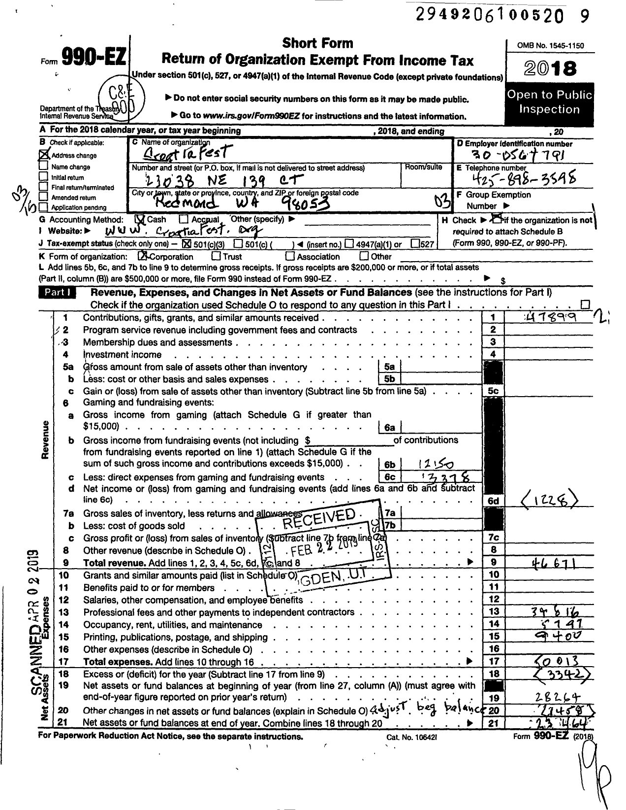 Image of first page of 2018 Form 990EZ for CroatiaFest