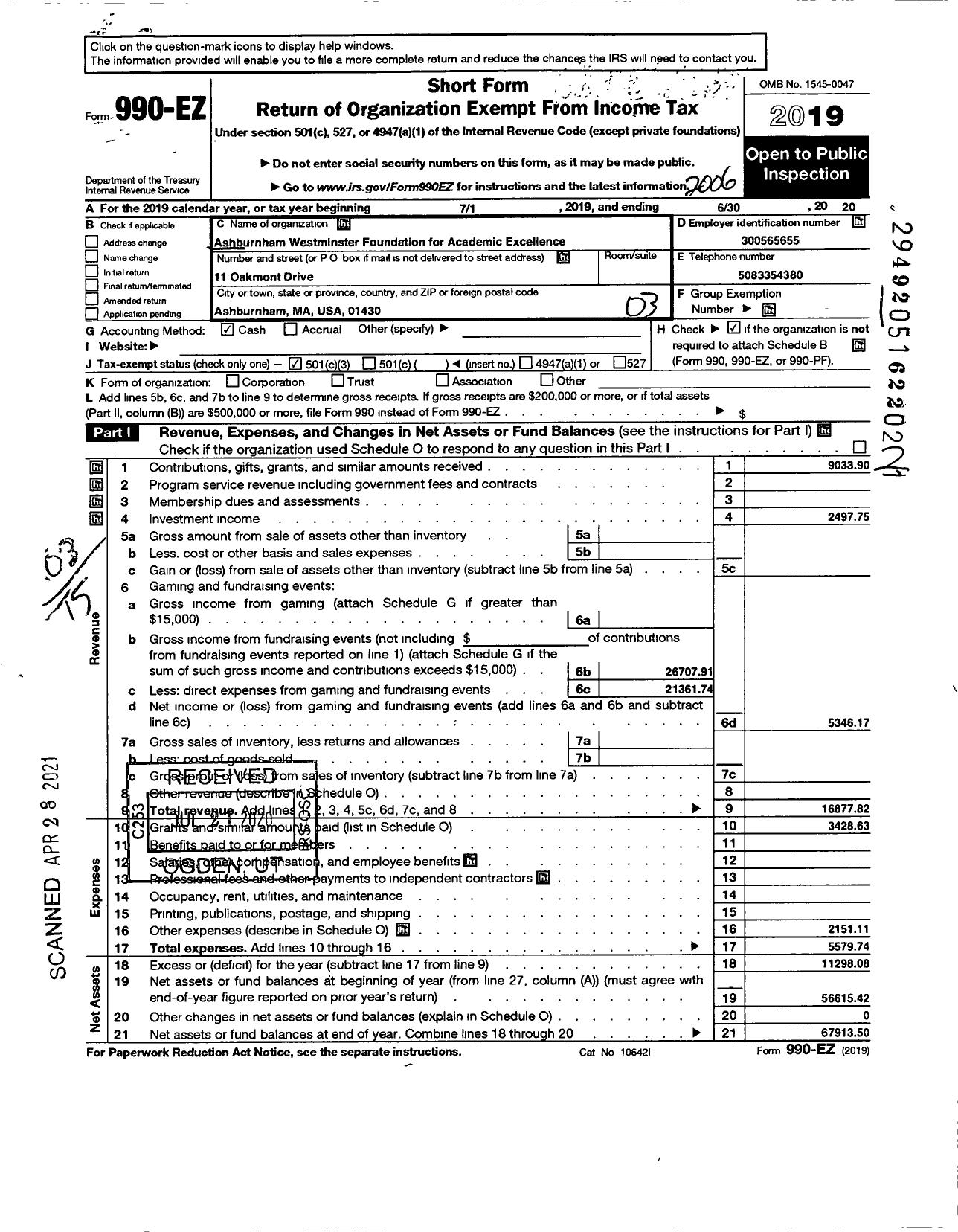 Image of first page of 2019 Form 990EZ for Ashburnham Westminster Foundation for Academic Excellance