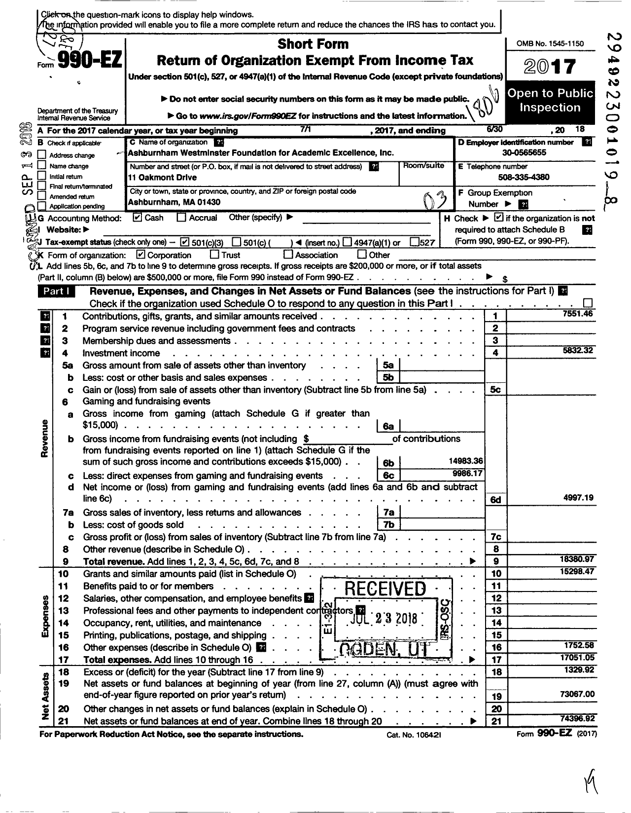 Image of first page of 2017 Form 990EZ for Ashburnham Westminster Foundation for Academic Excellance