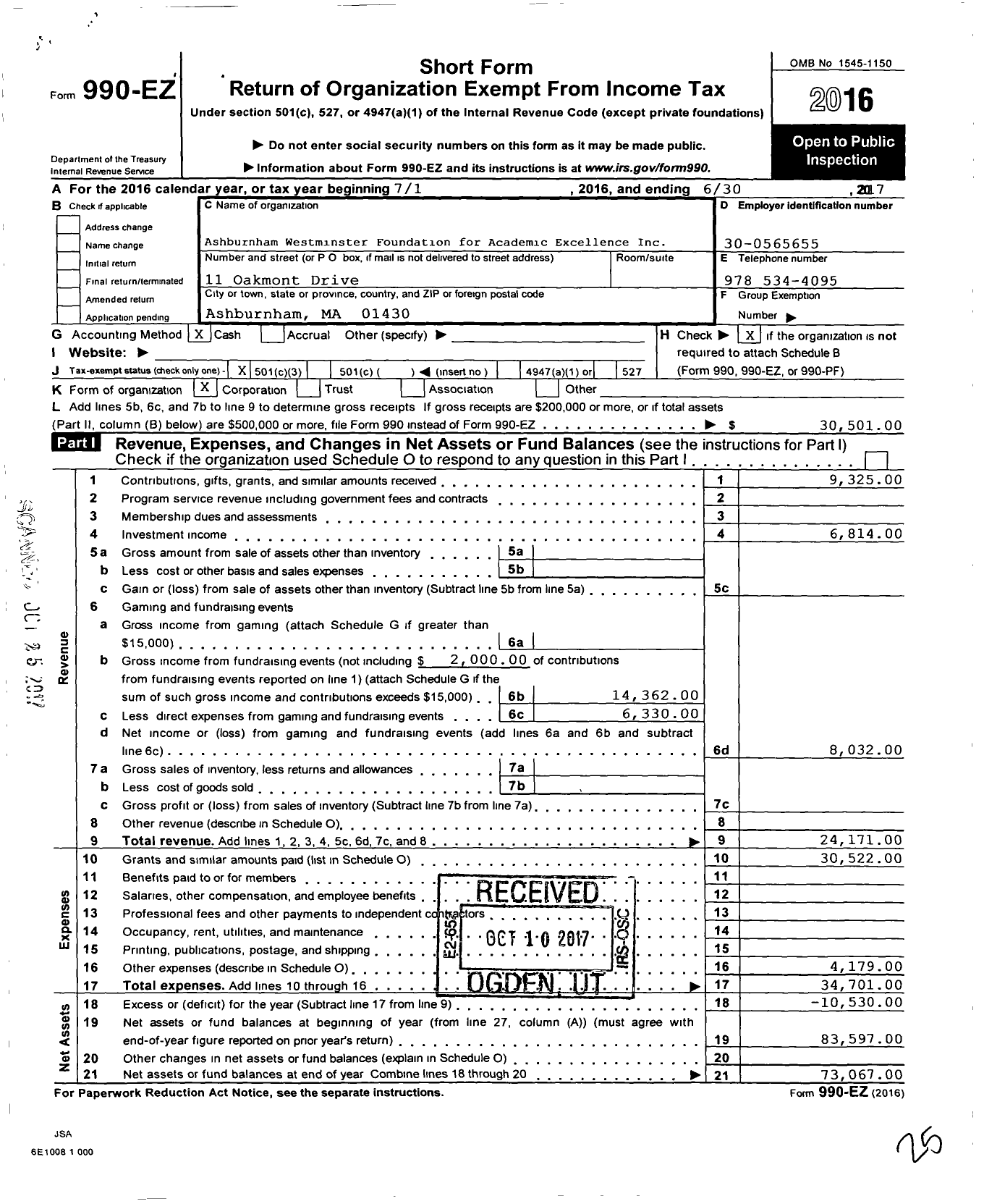 Image of first page of 2016 Form 990EZ for Ashburnham Westminster Foundation for Academic Excellance