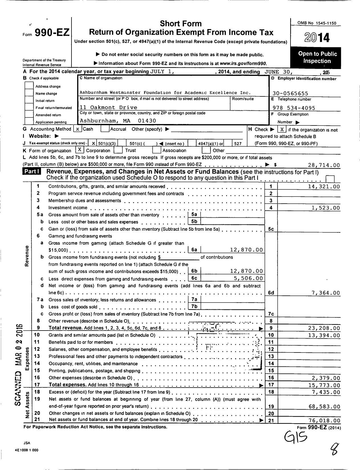 Image of first page of 2014 Form 990EZ for Ashburnham Westminster Foundation for Academic Excellance