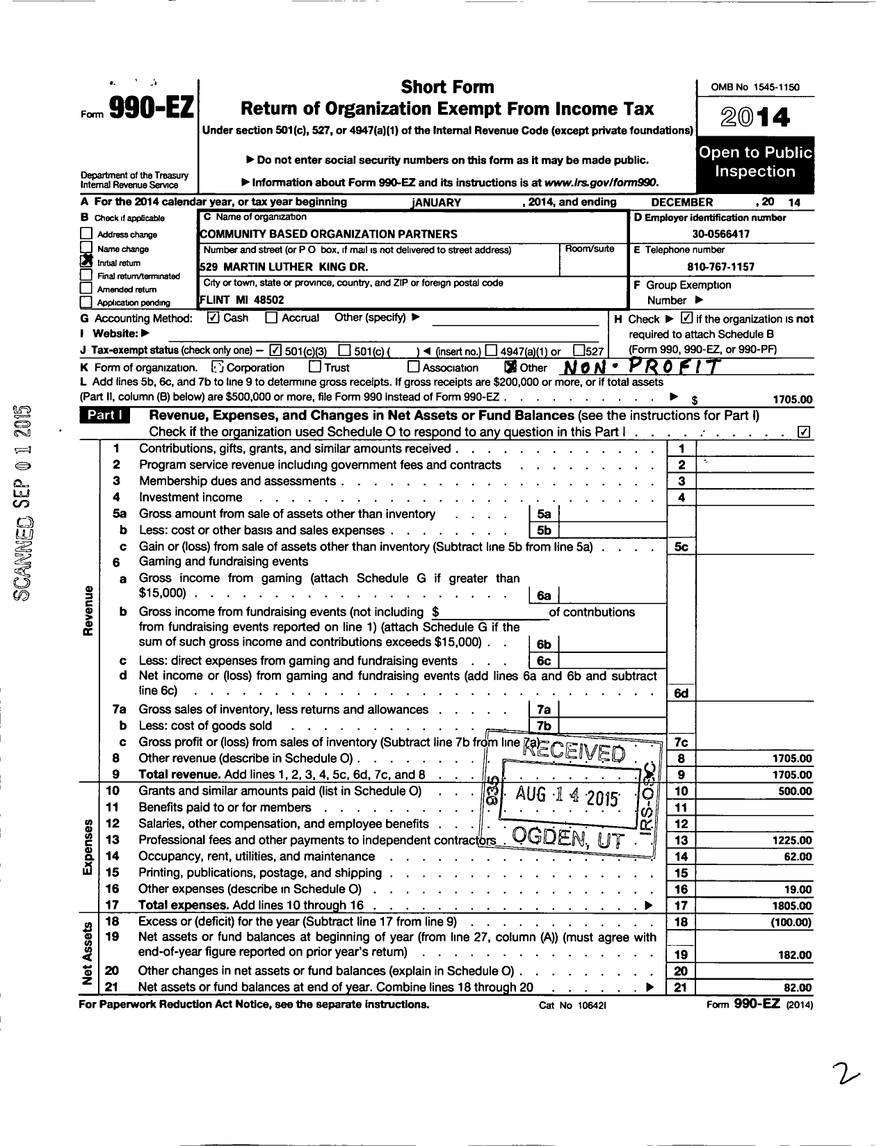 Image of first page of 2014 Form 990EZ for Community Based Organization Partners