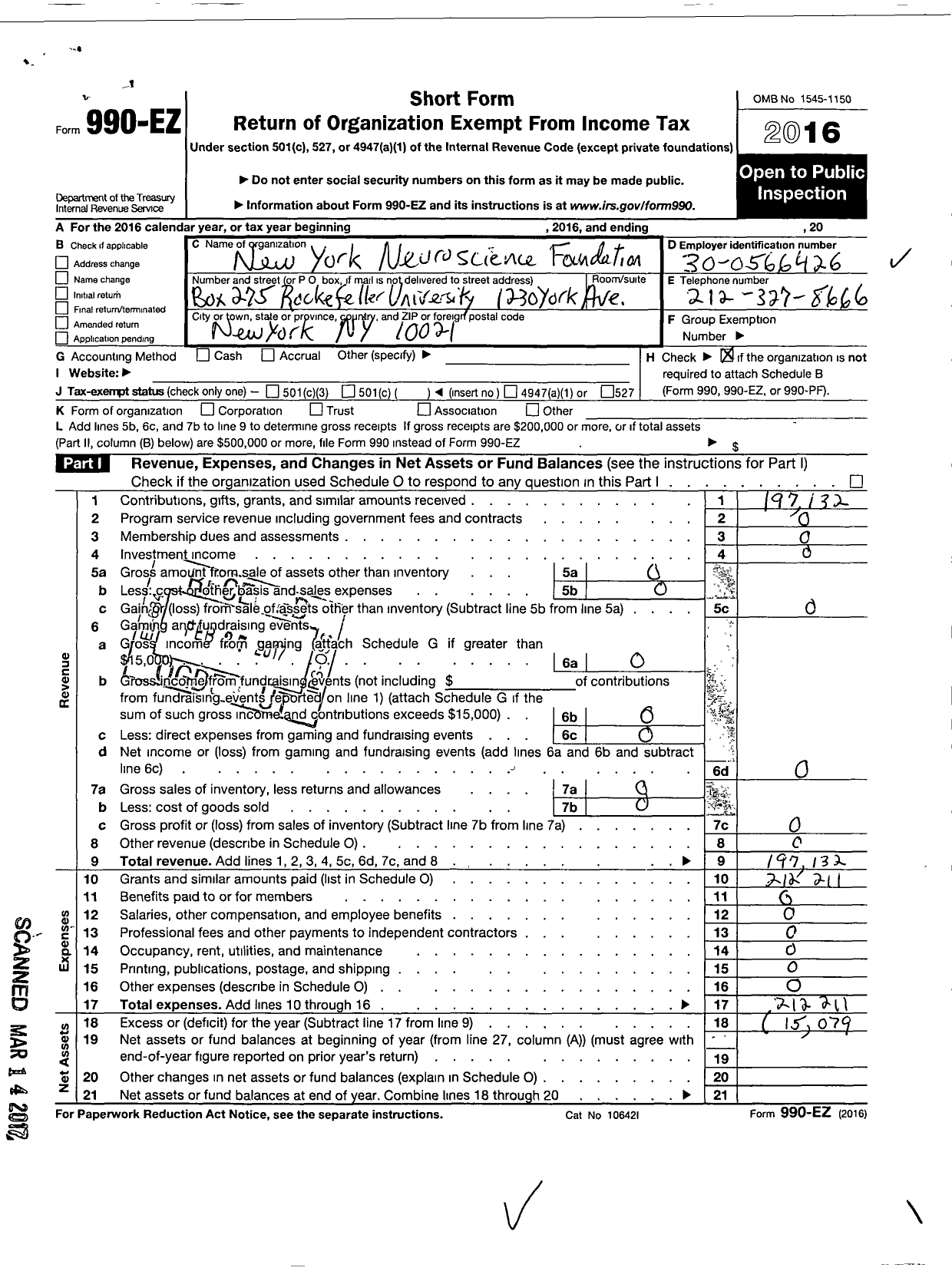 Image of first page of 2016 Form 990EO for New York Neuro Science Foundat Box 275