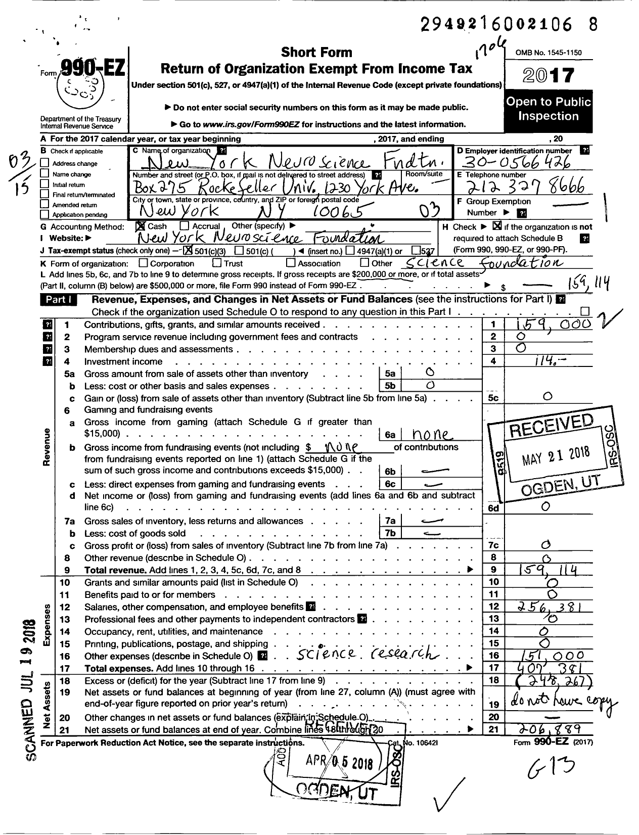 Image of first page of 2016 Form 990EZ for New York Neuro Science Foundat Box 275