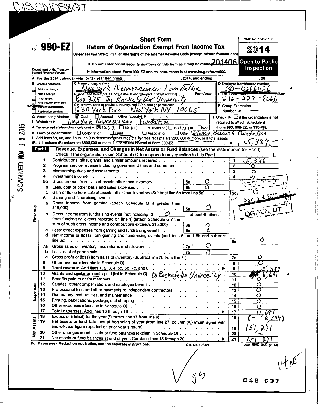 Image of first page of 2013 Form 990EZ for New York Neuro Science Foundat Box 275