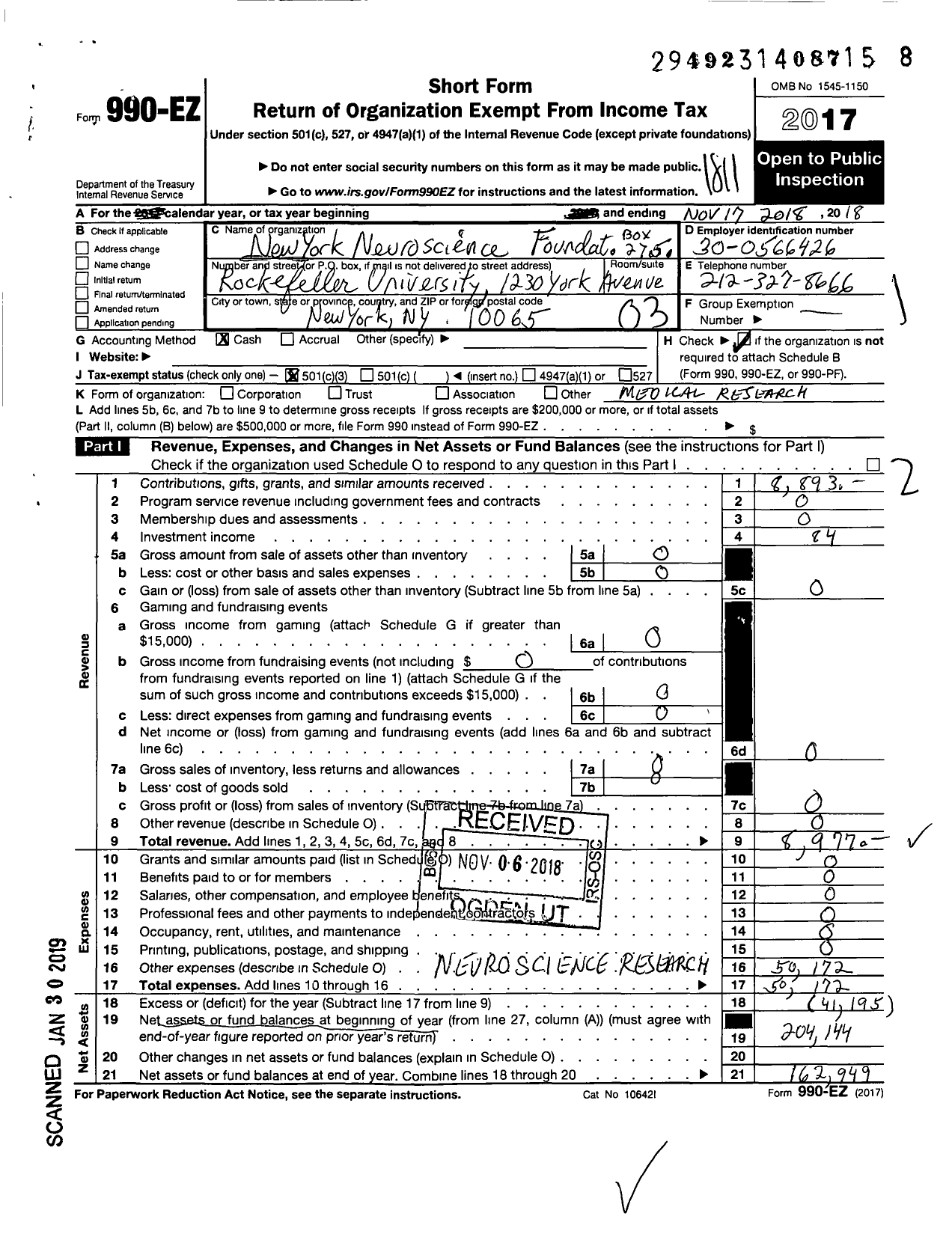 Image of first page of 2017 Form 990EZ for New York Neuro Science Foundat Box 275