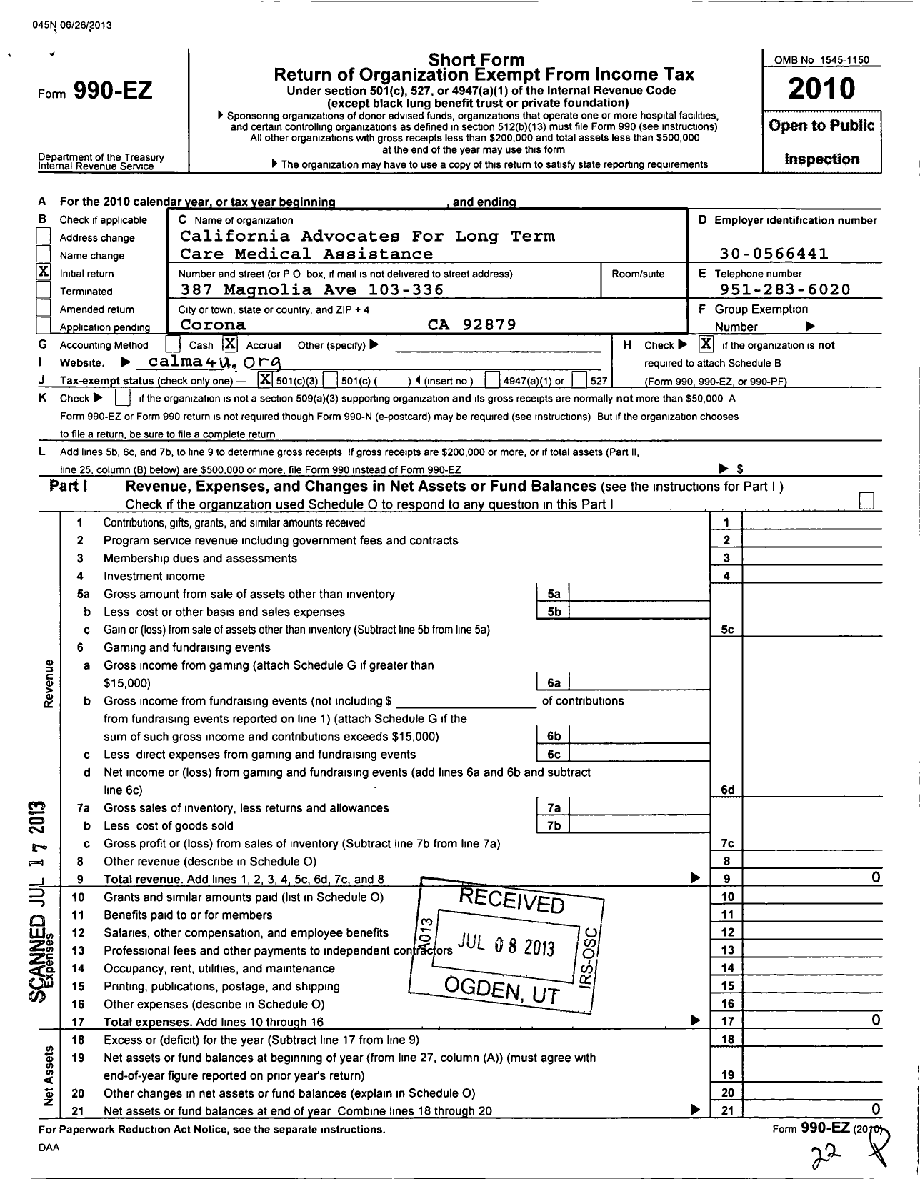 Image of first page of 2010 Form 990EZ for California Advocates for Long Term Care Medical Assistance