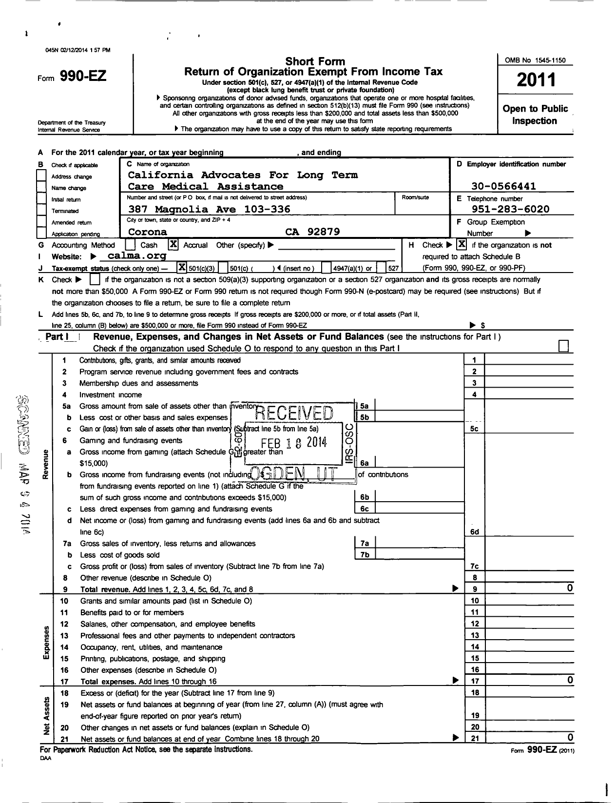 Image of first page of 2011 Form 990EZ for California Advocates for Long Term Care Medical Assistance