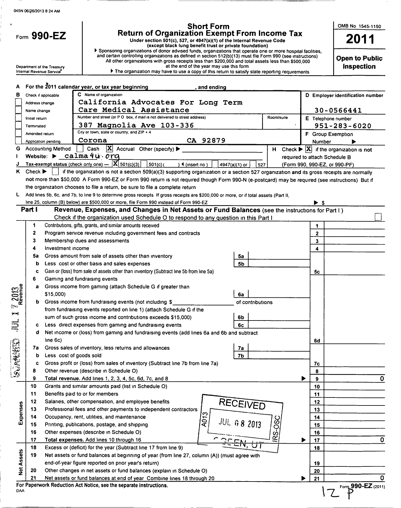 Image of first page of 2011 Form 990EZ for California Advocates for Long Term Care Medical Assistance