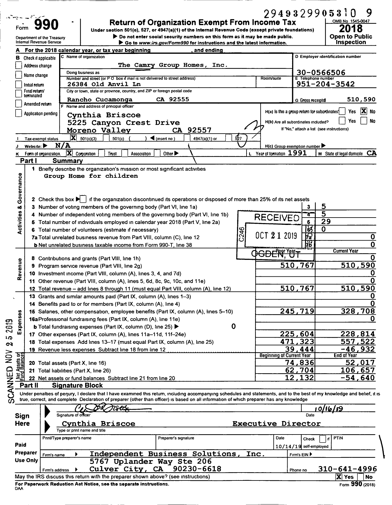 Image of first page of 2018 Form 990 for The Camry Group Homes