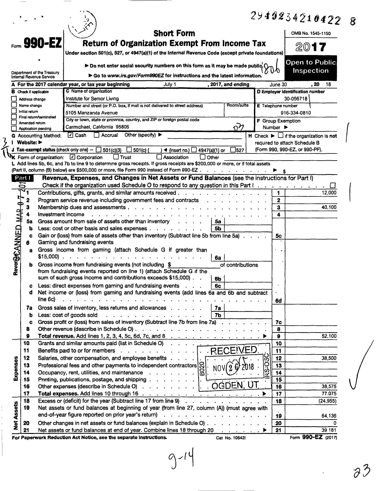 Image of first page of 2017 Form 990EZ for Institute for Innovation Strategy and Leadership