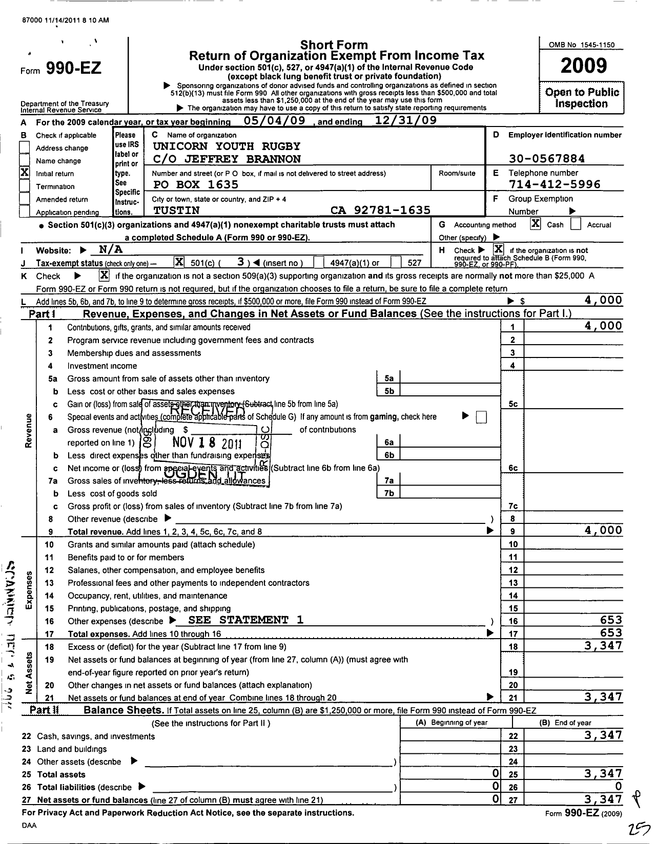 Image of first page of 2009 Form 990EZ for Unicorn Youth Rugby