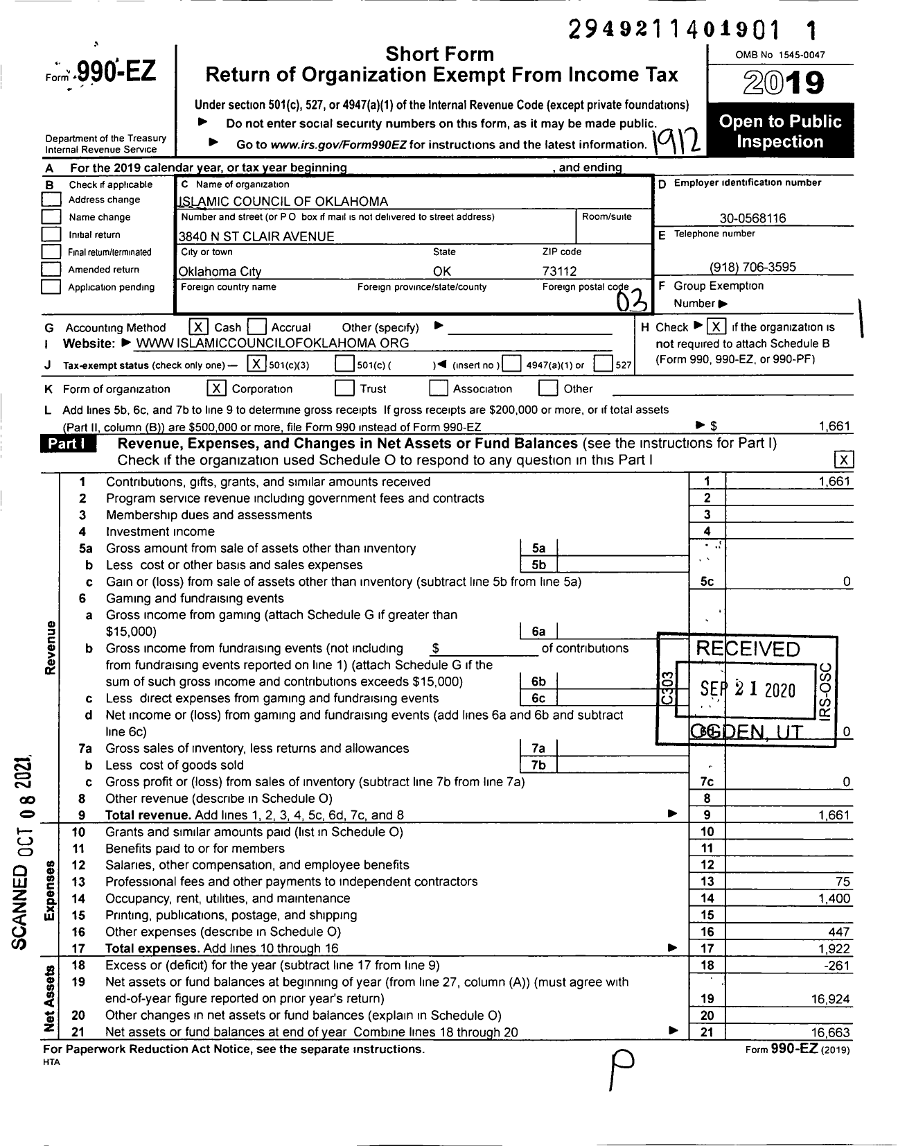 Image of first page of 2019 Form 990EZ for Islamic Council of Oklahoma