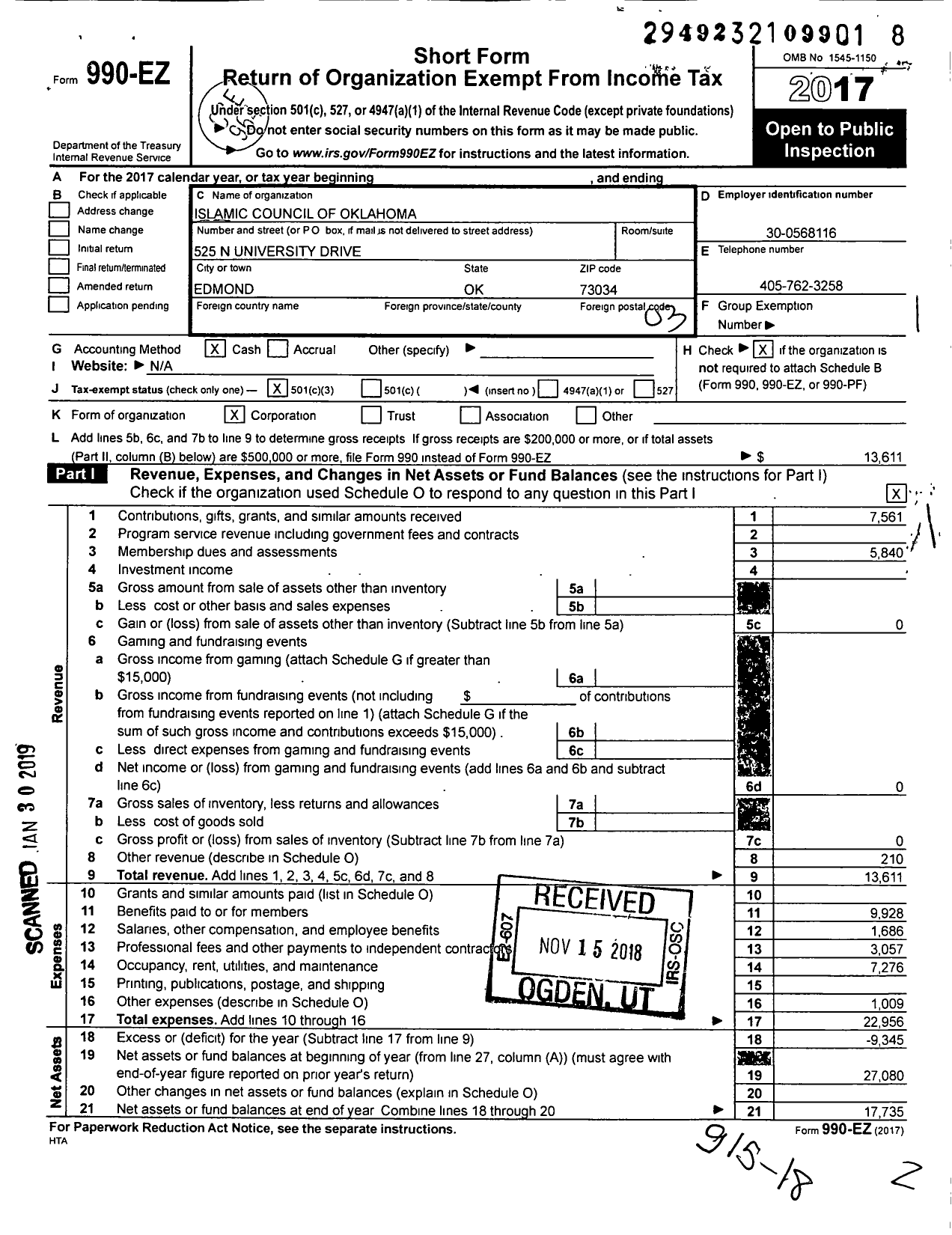 Image of first page of 2017 Form 990EZ for Islamic Council of Oklahoma