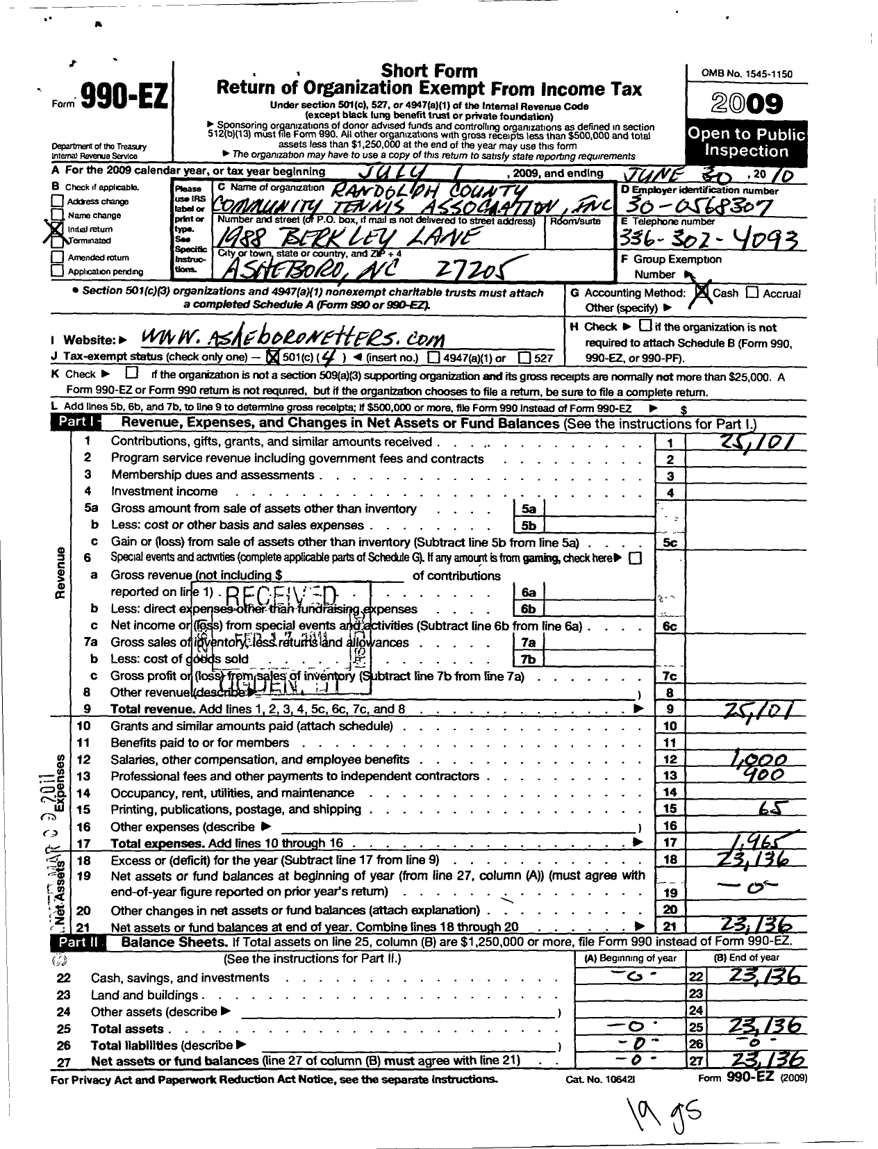 Image of first page of 2009 Form 990EO for Randolph Couty Community Tennis Association