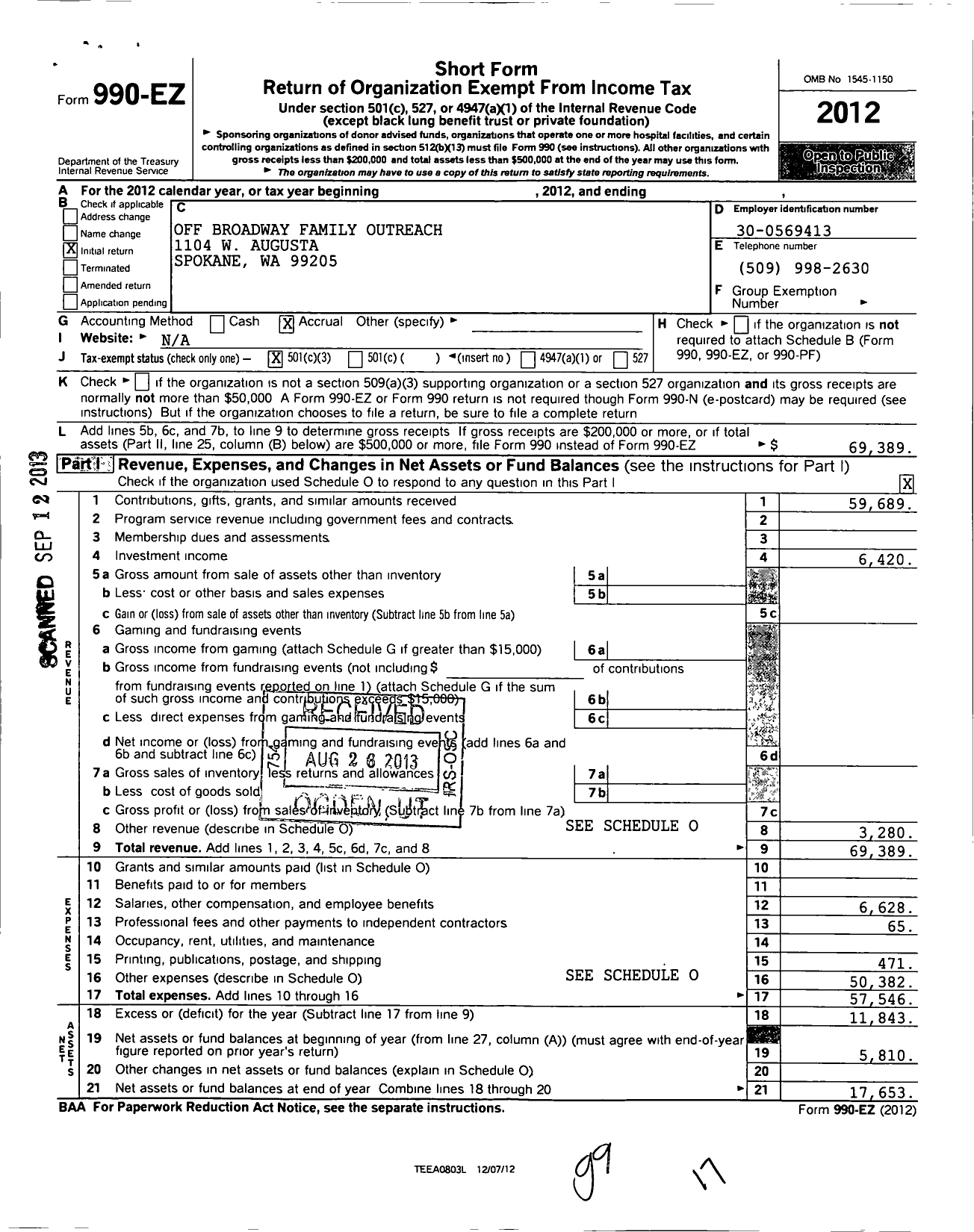 Image of first page of 2012 Form 990EZ for Off Broadway Family Outreach