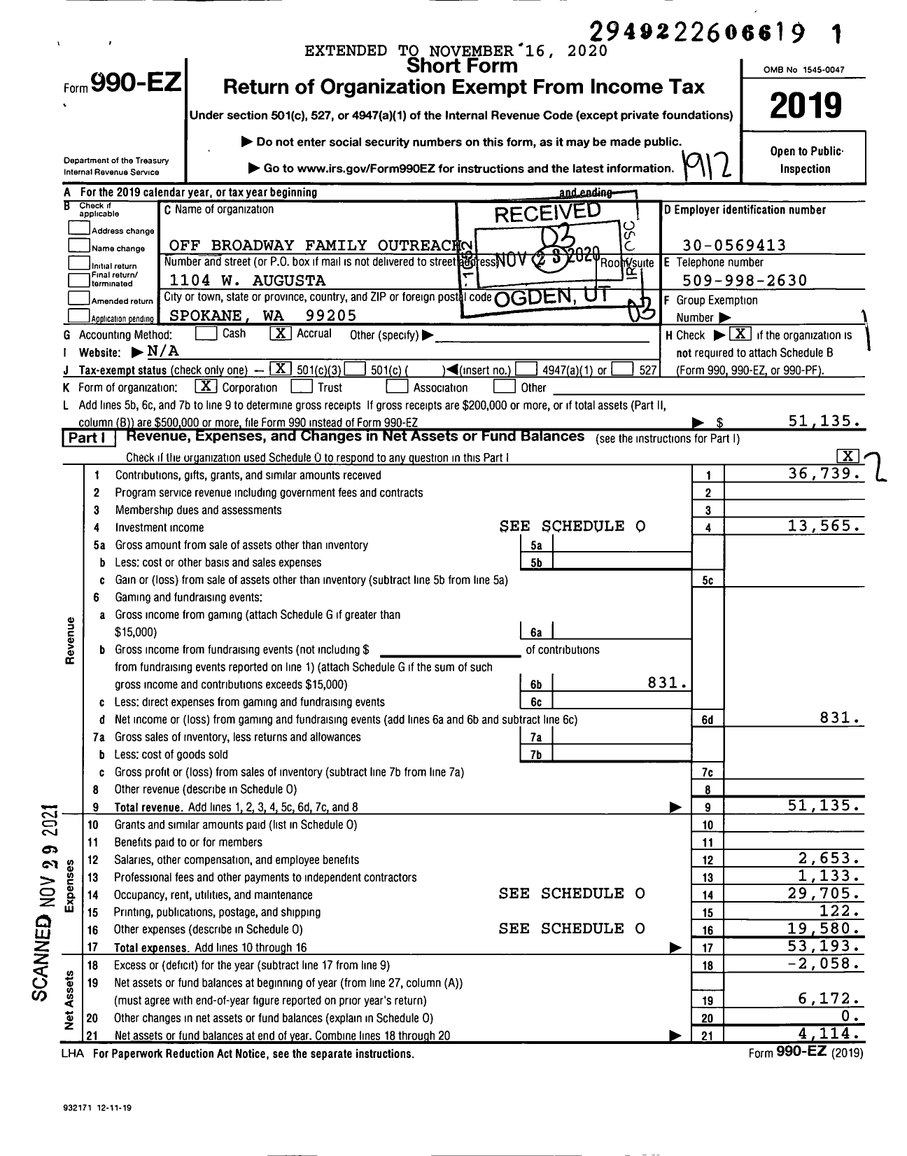 Image of first page of 2019 Form 990EZ for Off Broadway Family Outreach