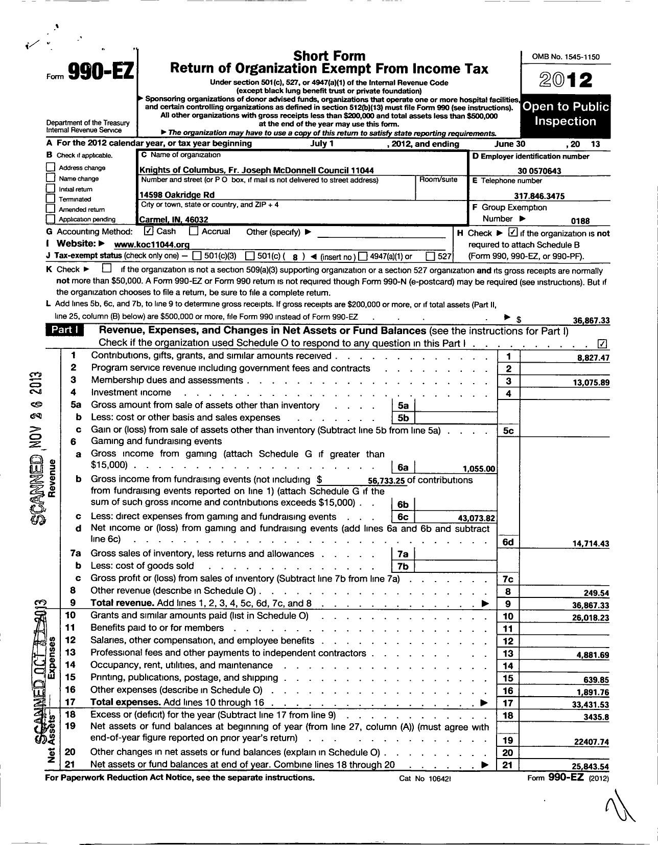 Image of first page of 2012 Form 990EO for Knights of Columbus - 11044 FR M Joseph Mcdonnell Council