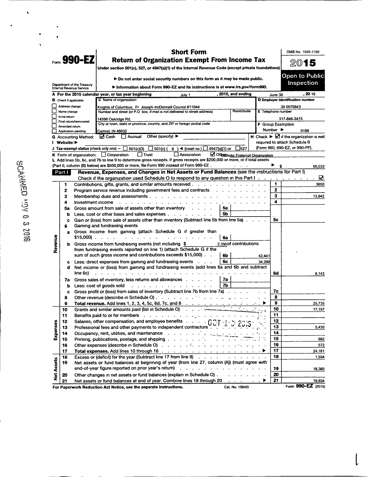 Image of first page of 2015 Form 990EO for Knights of Columbus - 11044 FR M Joseph Mcdonnell Council